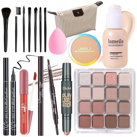 Makeup Set Full Kit for Girls Teens Women, Makeup Present Set, Includes Eyeshadow, Foundation, Blusher, Eyebrow Pencil, Mascara, Eyeliner, Brushes, Lip Gloss, Sponge, Cosmetic Bag