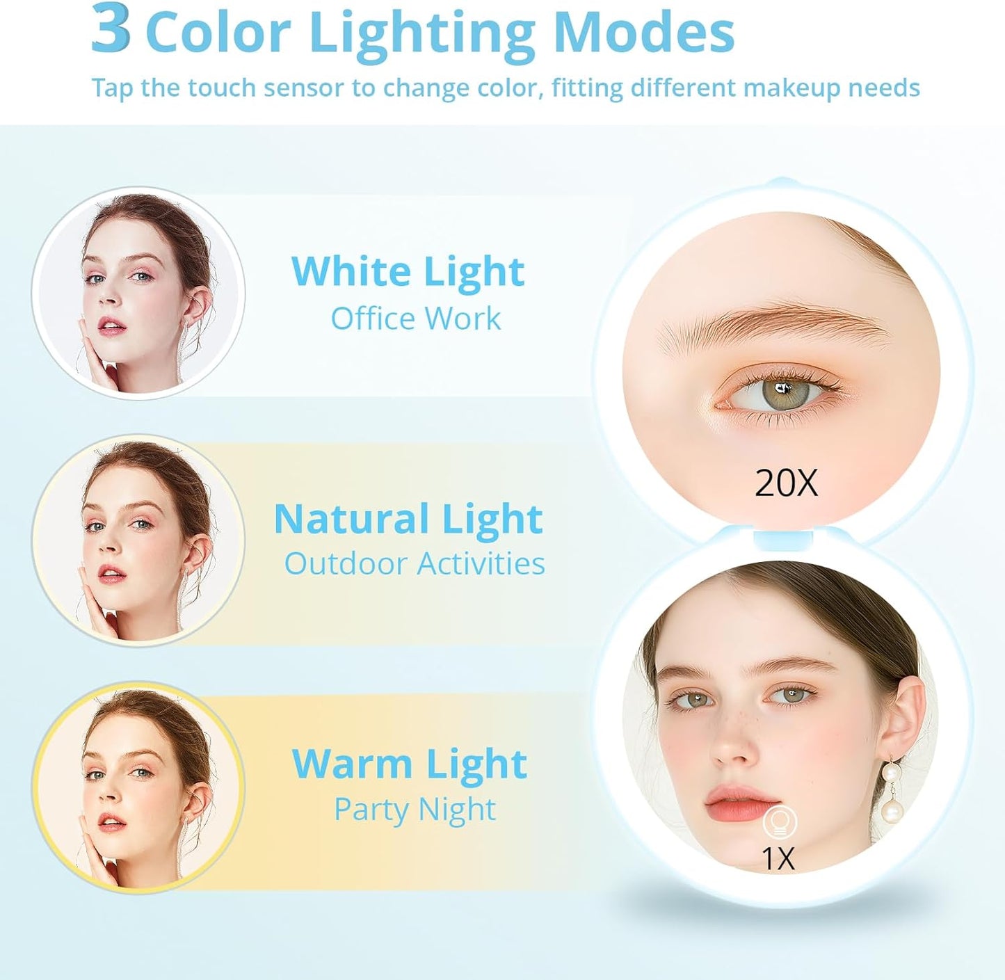 Fabuday Travel Compact Magnifying Makeup Mirror with Lights - Large 4.8'' Wide Led Lighted Portable Mirror with 1x/20x Magnification, Rechargeable Small Foldable 3 Color Lighting Mirrors, Blue