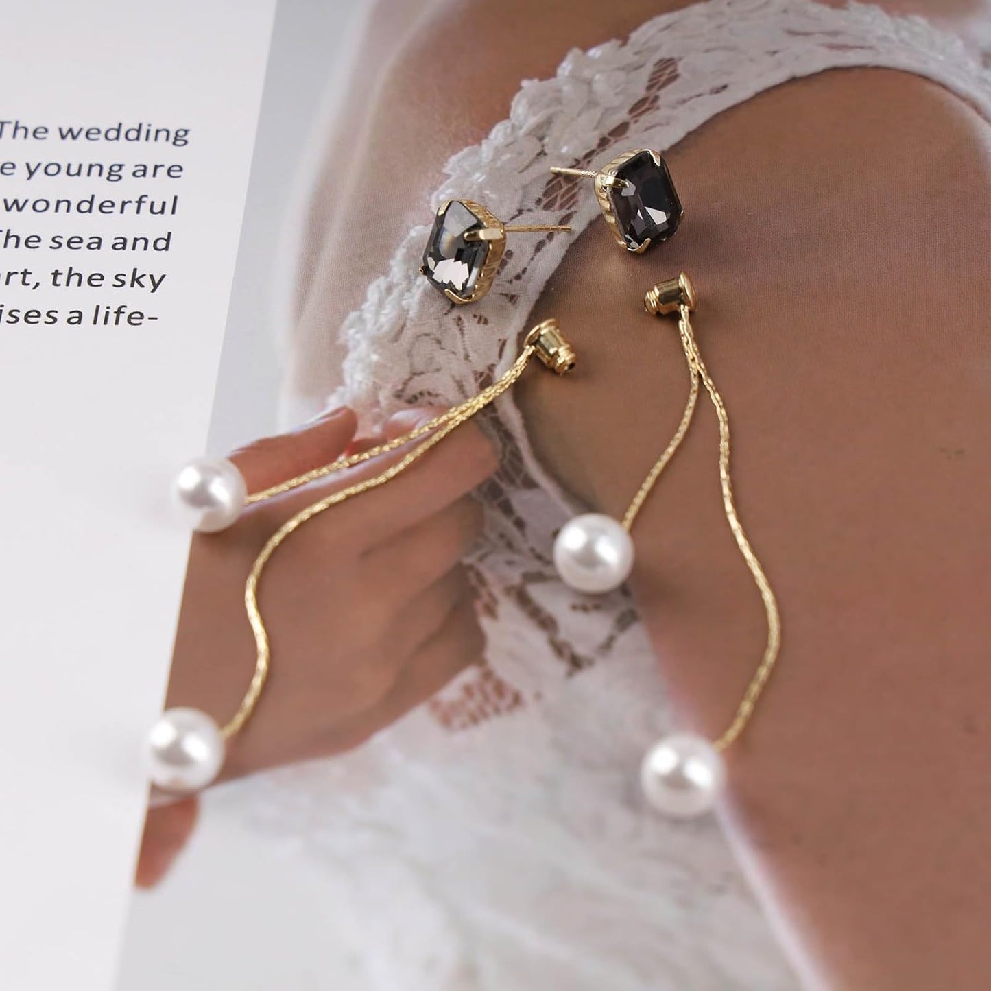 Vintage Black Crystal Pearl Drop Earrings Gold Long Tassel Pearl Earrings Rhinestone Pearl Chain Earrings Black Square Crystal Earrings Jewelry for Women