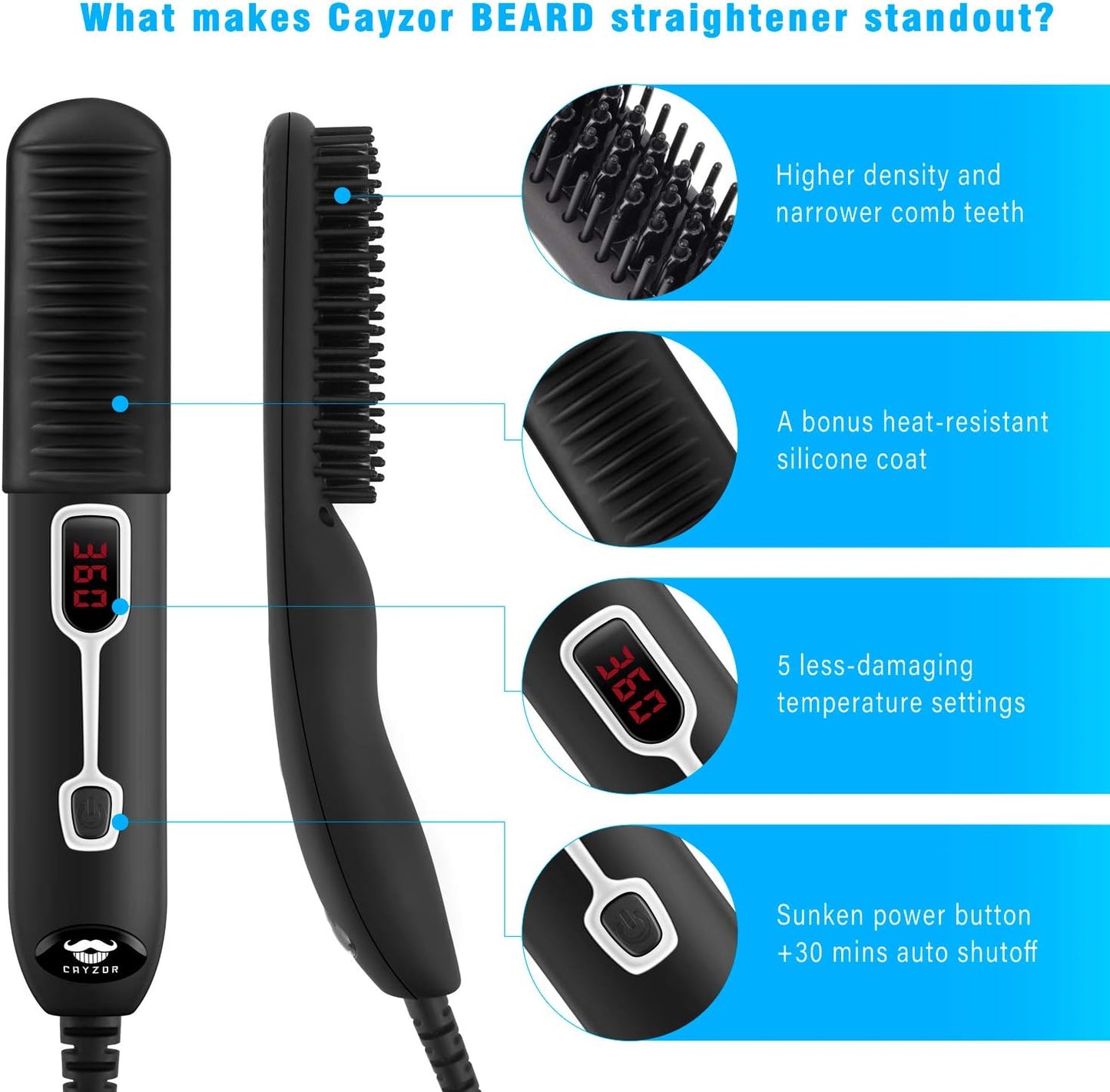 Beard Straightener Comb for Men - Upgraded Professional Electric Mens Beard Straightening Heated Brush Portable Anti-Scald 5 Adjustable Temperatures & LCD Display with Carrying Bag