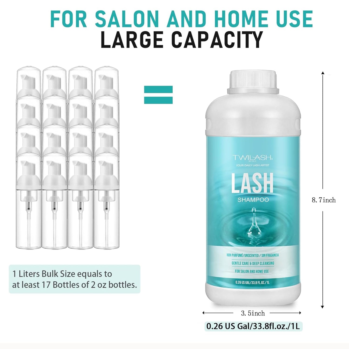 Lash Shampoo Bulk, Eyelash Cleanser for Extensions 1 Liter, Safe Makeup Remover, Non-irritating or Burning Formula Eyelid Foaming Cleanser for Professional Salon and Home Use (Unscented-1L)