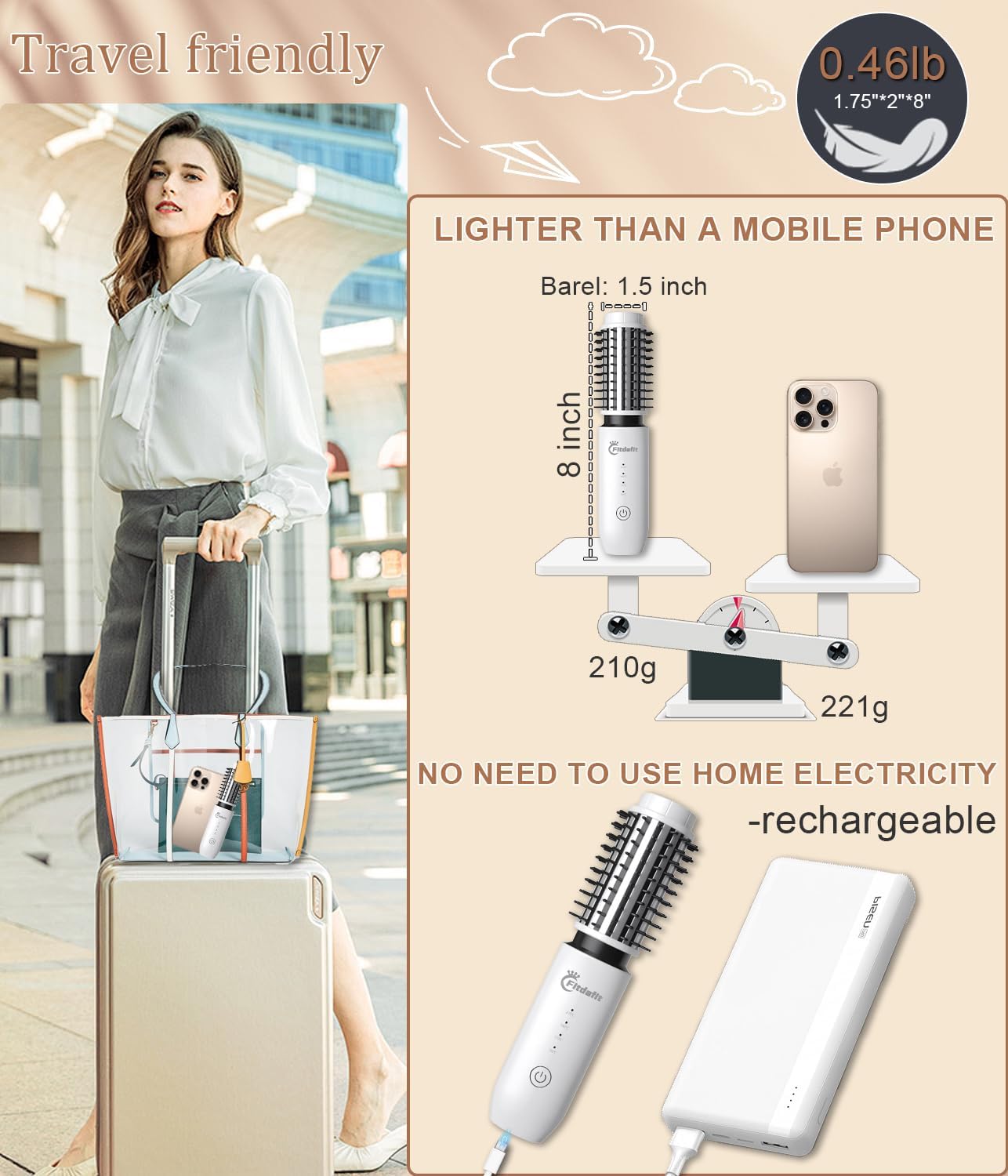 Cordless Hair Curling Iron Brush, 1.5" Mini Cordless Hair Curler, 3-in-1 Travel Curling Brush Hair Straightener Comb Rechargeable, Long Battery Portable Ionic Heated Tool, White