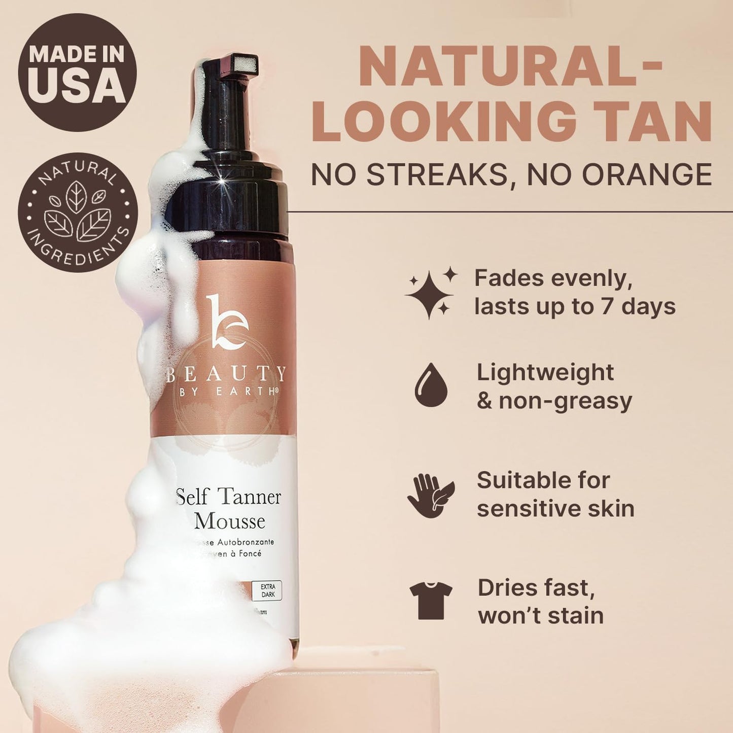 Self Tanner Mousse - USA Made with Natural & Organic Ingredients, Self Tanning Mousse for Fake Tan, Sunless Tanner for Pale Skin, Clear & Non Toxic Tanning Foam for Streak Free Finish, No Orange Color