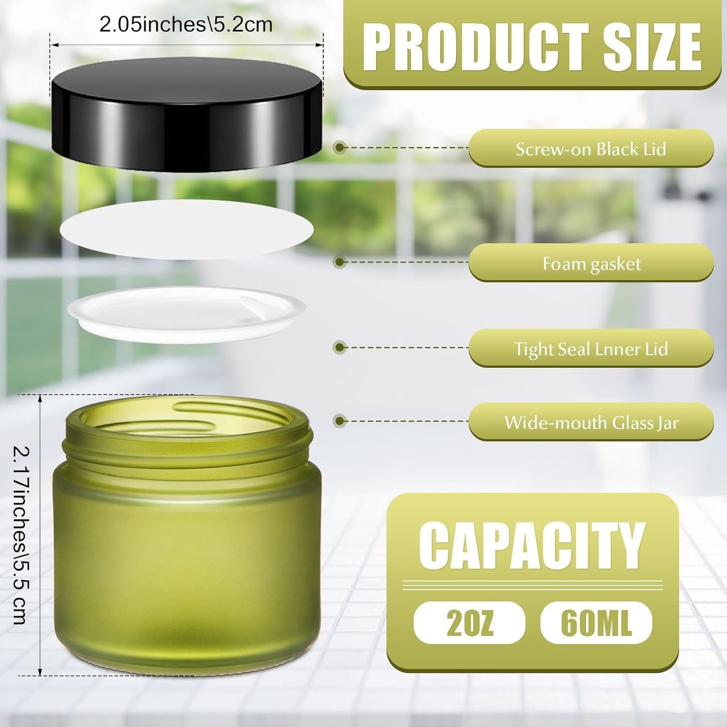 Domensi 72 Pcs 2 oz Glass Jars with Lids Travel Size Round Leakproof Empty Cosmetic Jars with Inner Liners Lid for Storing Makeup Lotions Face Cream Ointments Candle DIY Making (Pea Green)