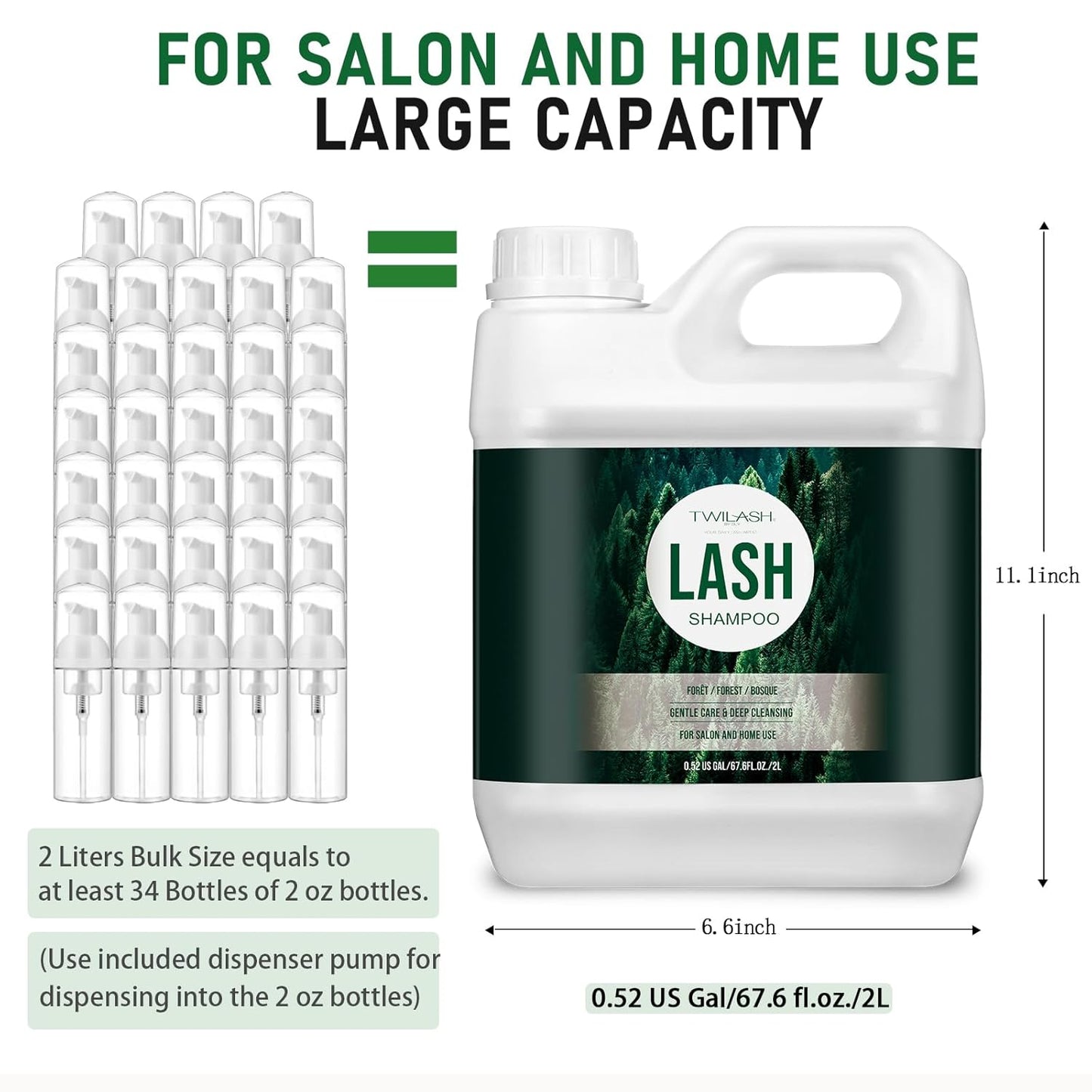 Lash Shampoo Bulk, Eyelash Cleanser for Extensions 2 Liters, Safe Makeup Remover, Non-irritating or Burning Eyelid Foaming Cleanser for Professional Salon and Home Use (Forest-2L)