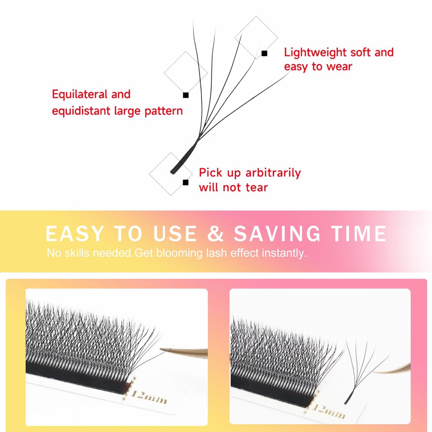 W Lash Extensions Supplies 5D Eyelash Extensions W Shape 0.07mm Thickness C Curl 10mm Premade Fans Easy Fan Lashes Volume Matte Black 12 Rows Crisscross Eye Lashes(W-5D-0.07-C,10mm)