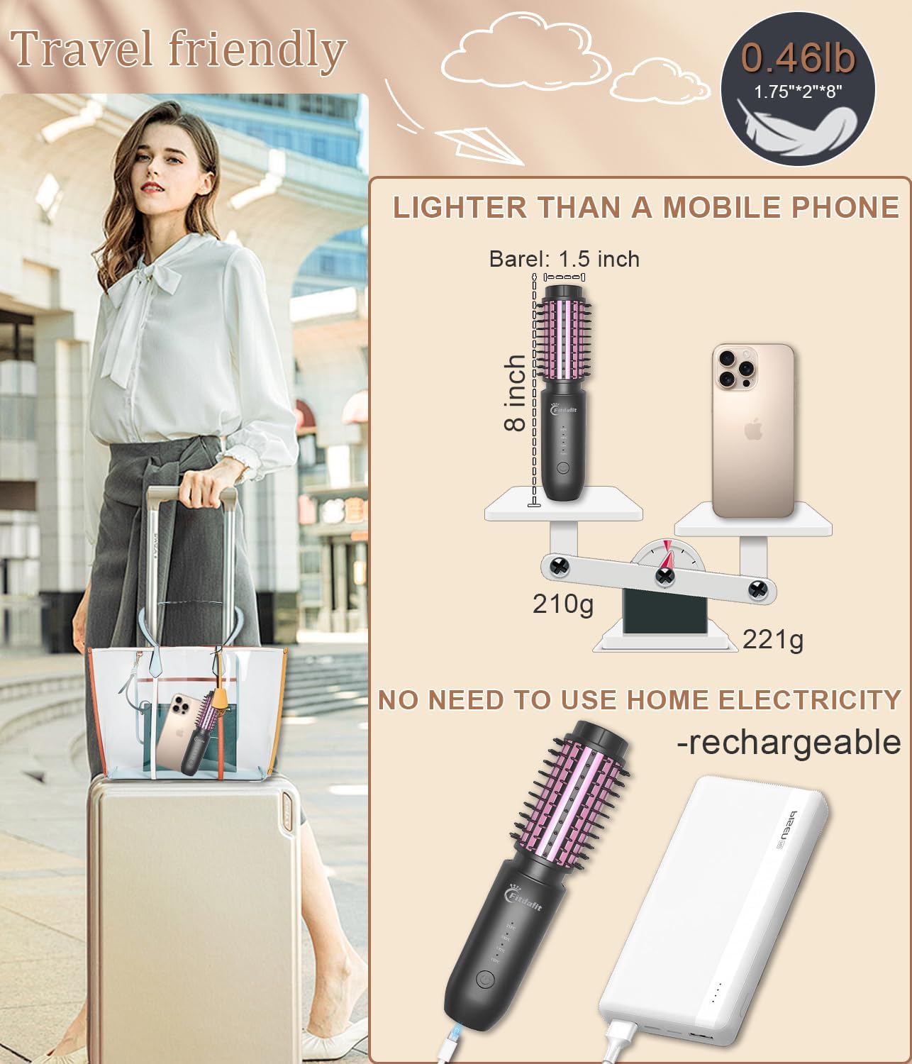 Cordless Hair Curling Iron Brush, 1.5" Mini Cordless Hair Curler, 3-in-1 Travel Curling Brush Hair Straightener Comb Rechargeable, 410℉ Heated Ionic Curling Tool for All Styles, Black