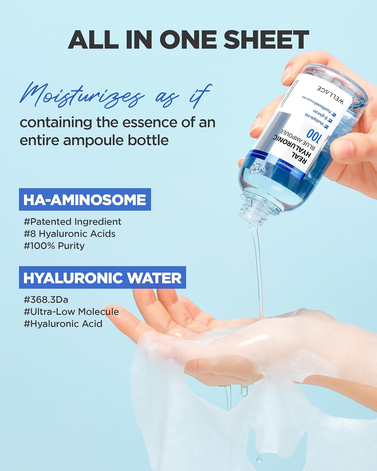 WELLAGE Real Hyaluronic Blue Ampoule Face Mask - Korean Hydratig Mask Moisture Boost with 10,000ppm Ultra-Low Molecular Hyaluronic Acid - Soft Vegan Cashmere Sheet for Sensitive Skin, 5 Sheets