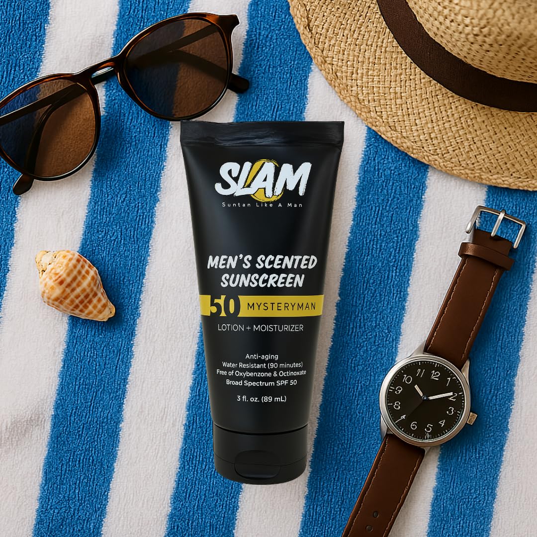 SLAM MysteryMan Men's Sunscreen Lotion SPF 50 & Moisturizer – Face & Body Sun block, Anti-Aging, Water-Resistant, Hawaii Act 104 Safe, Skincare for Men, Scented – 3 fl oz. Double pack.