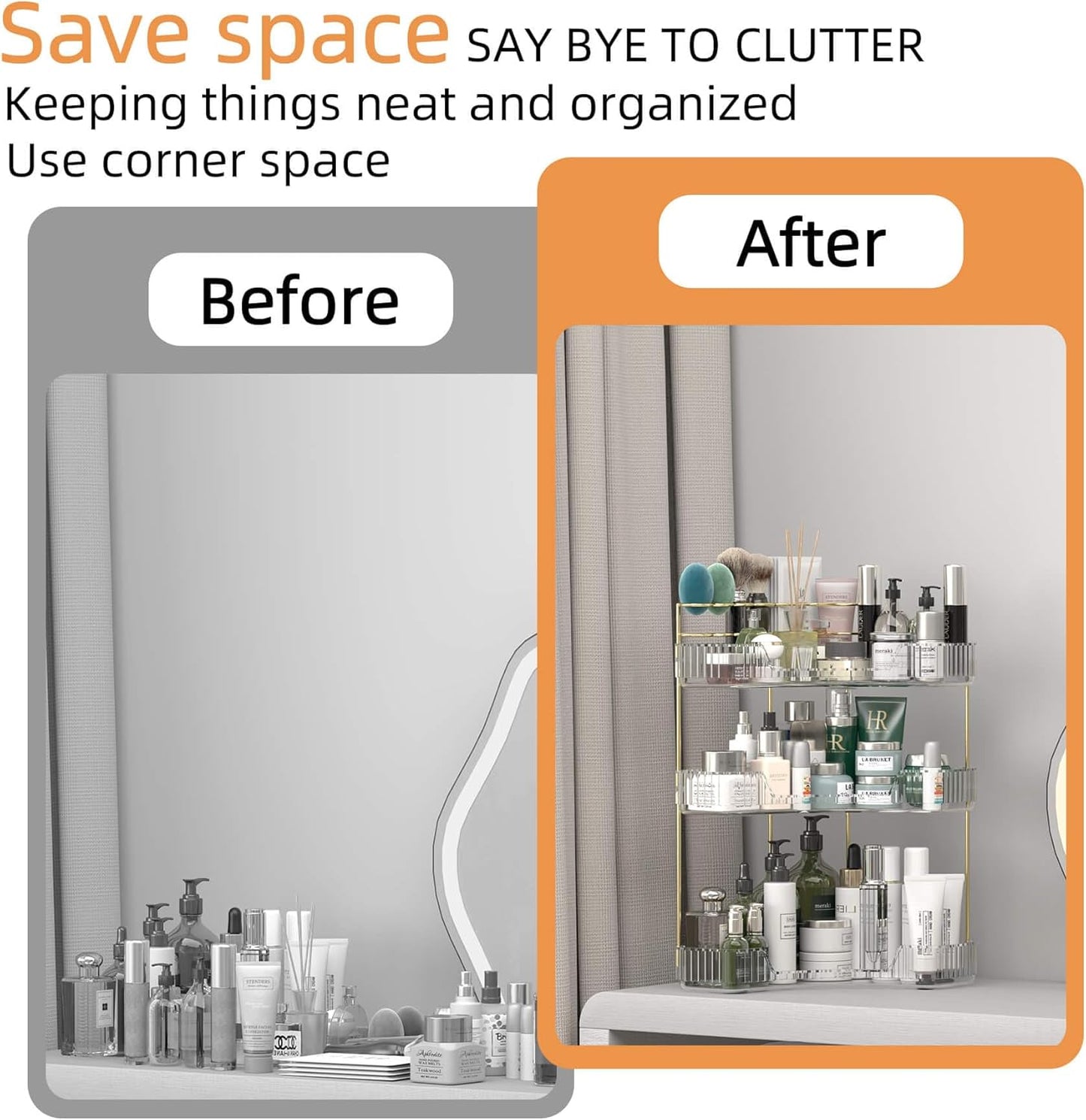 Makeup Organizer Countertop 3 Tier, Corner Bathroom Countertop Organizer with Toothbrush and Makeup Brush Holder, Corner Vanity Tray for Skincare Organization