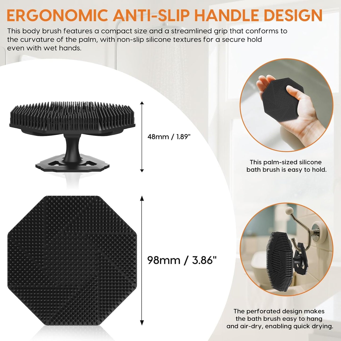 Soft Silicone Body Scrubber Brush, Non-Slip Handheld Cleansing Brush, Rich Foam, Deep Exfoliation, Brightening Skin, Comfortable Massage, for All Skin Types, Men and Women (Black)