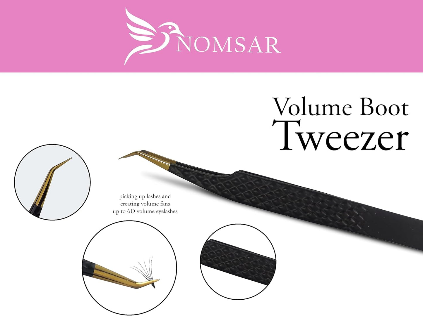 Eyelash Extensions Tweezers, Set of 3 - Stainless Steel with Diamond Grip for Volume lash Extension - Fiber Tip Tweezers for Multipurpose & Application (Black)