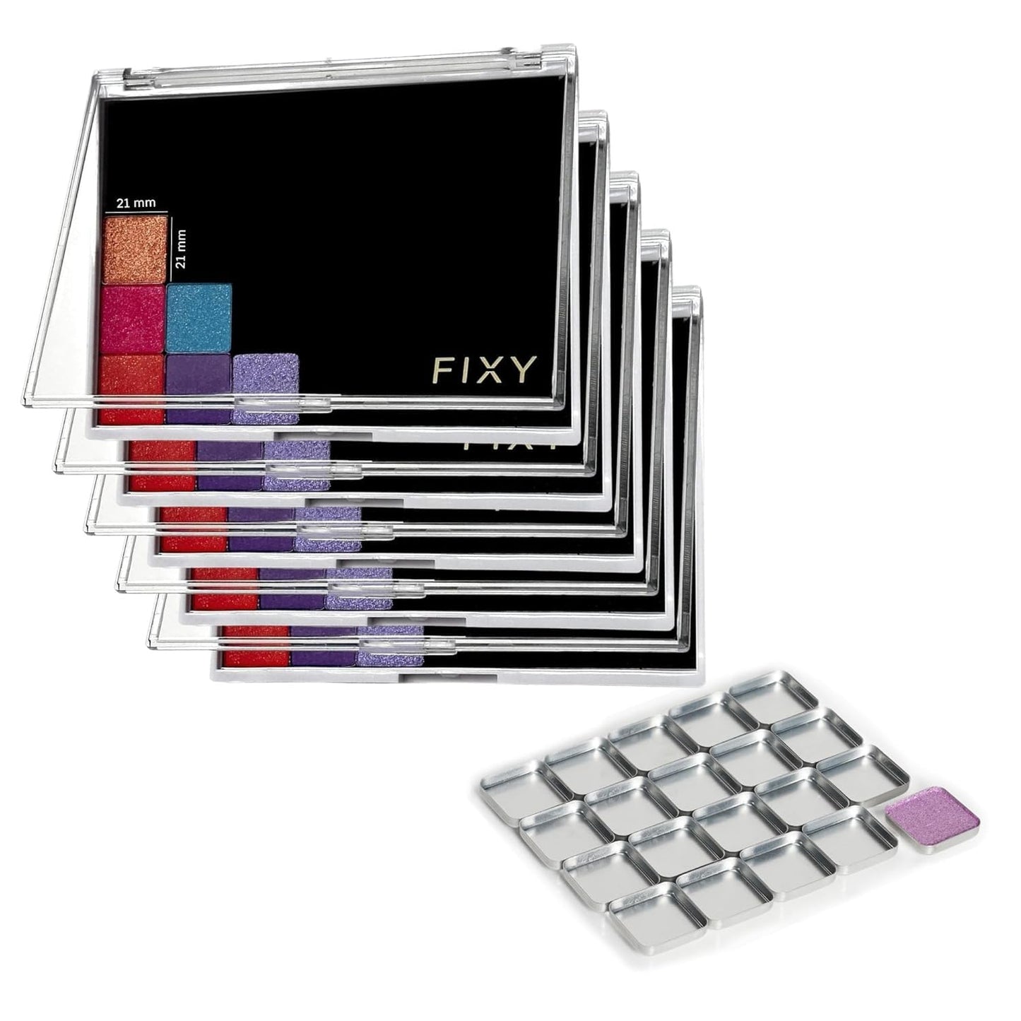 FIXY Empty Magnetic Makeup Palette Set of 5 (5.7x4.3inch) and 20 Magnetic Metal Pans of 21mm - Travel Friendly for Depotting, Organizing Eyeshadow, Blush, Foundation, Face Powder and more