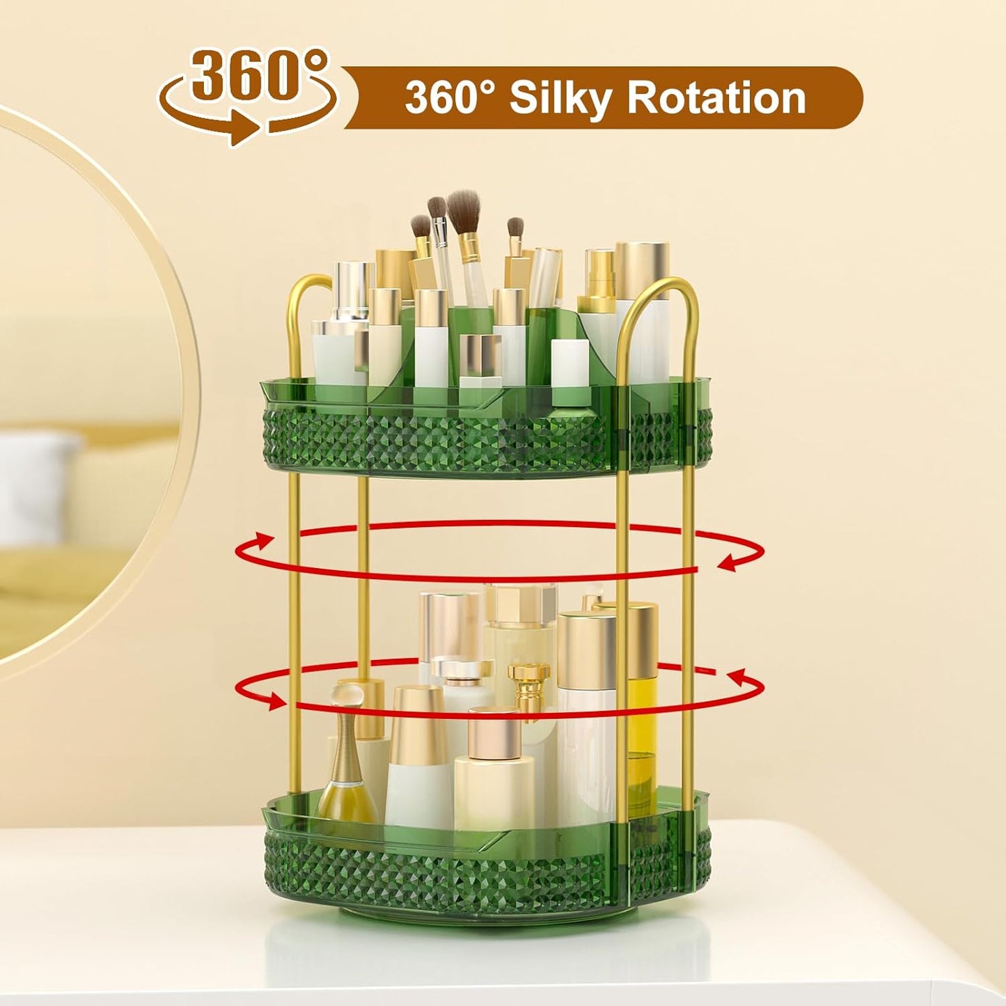 360° Rotating Makeup Organizer 2 Tier, Large Skincare Clear Make Up Storage Spinning Perfume Organizers for Bathroom Counter Dresser, Green