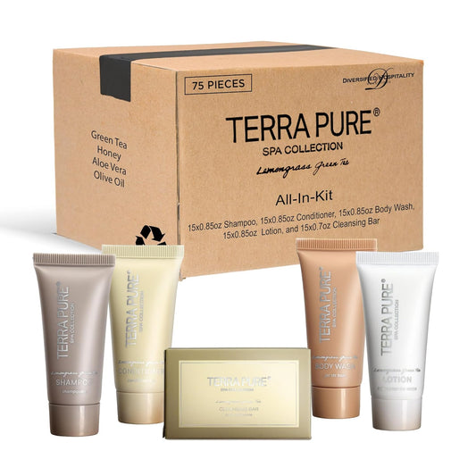 Terra Pure Spa Collection Bulk Set Toiletries | 1-Shoppe All-In-Kit Amenities for Hotels & Airbnb | 0.85 oz Hotel Shampoo & Conditioner, Body Wash, Lotion & Cleansing Bar Travel Size Tubes| 75 Pieces