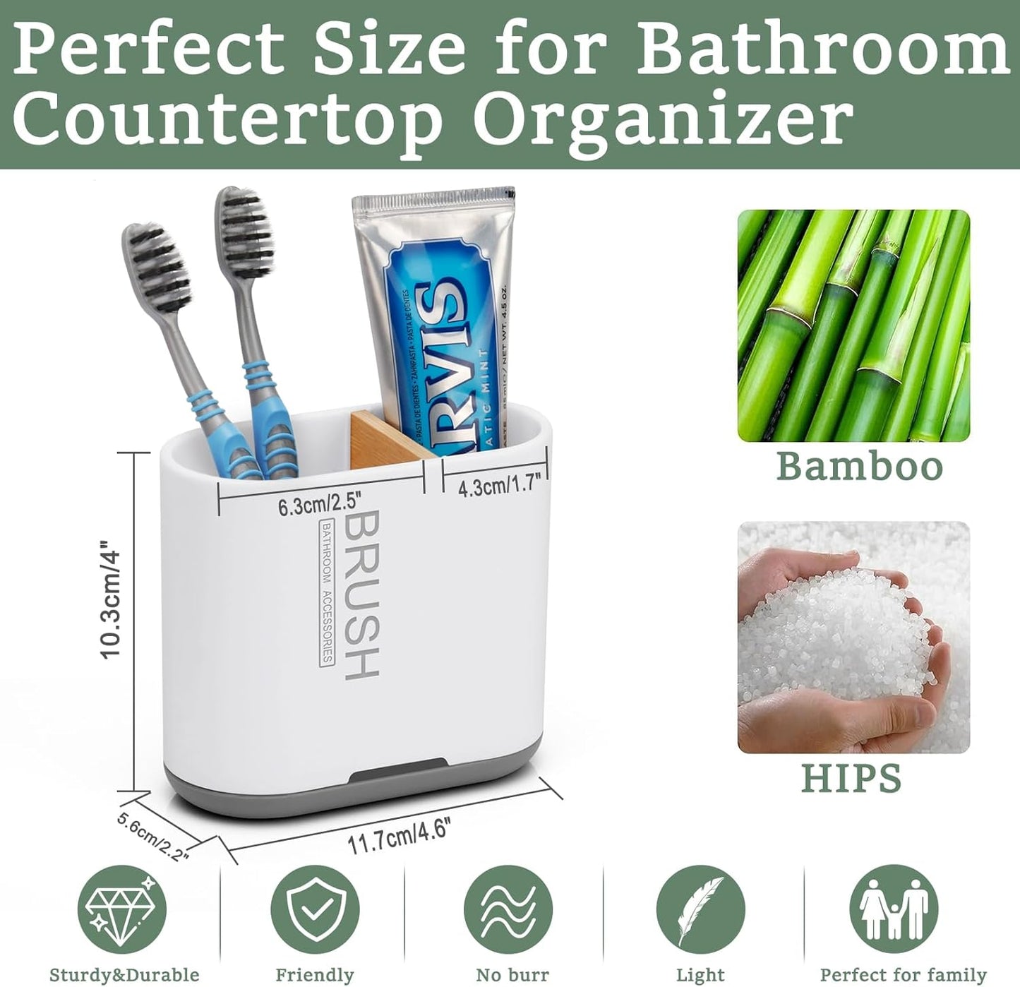 Toothbrush and Toothpaste Holder with Bamboo Divider for Bathroom Countertop Organizer, Detachable for Easy Clean, 2 Slots Electric Toothbrush Holders Storage Caddy Drainage for Family-White