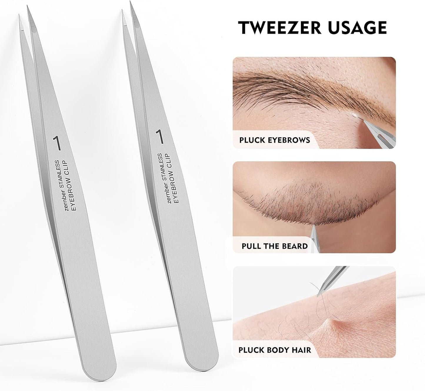 Pointed Tweezers for women Facial hair, Precision Tweezers for Eyebrows, Chin Hair，Ingrown Hair, Splinters, Glass Removal（Silver）