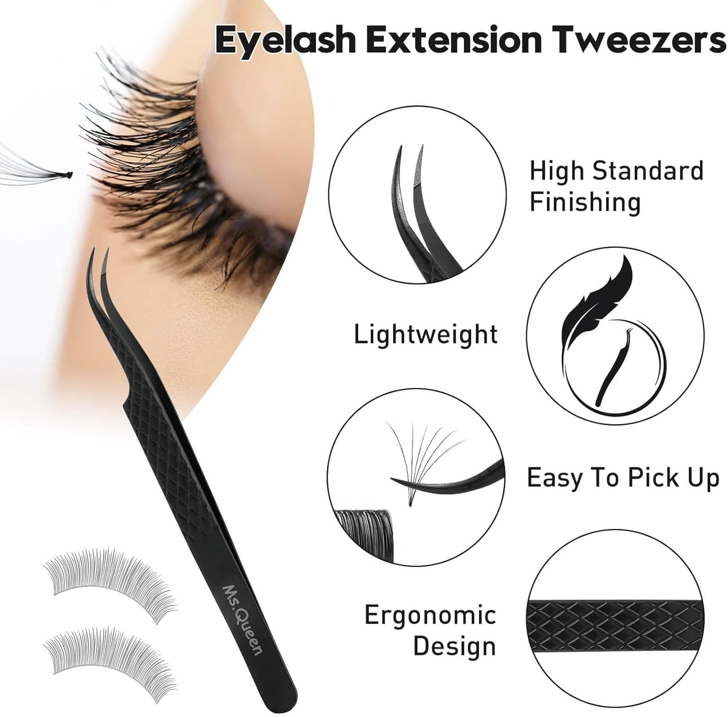 Ms.Queen Eyelash Extension Tweezers,Microfiber Tip Curved Lash Tweezers for Volume, Isolation& Classic Lashes Extensions,Black