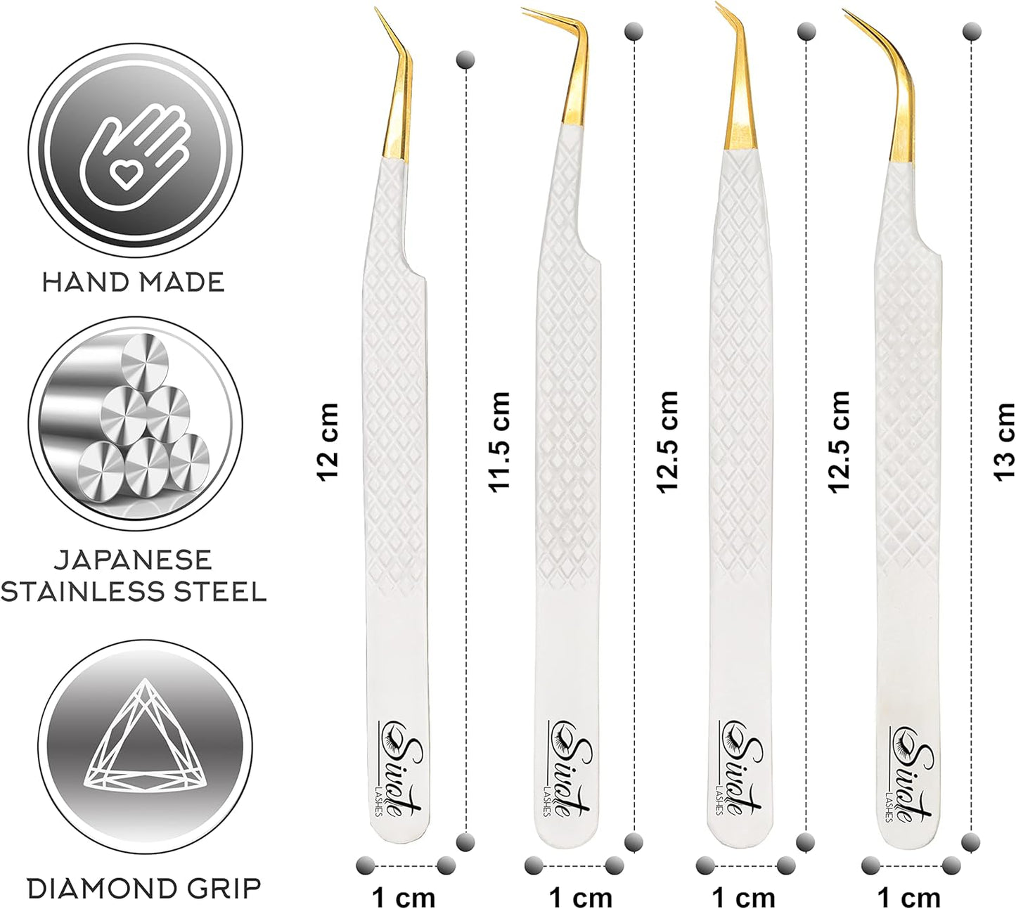 SIVOTE Fiber Tip Lash Tweezers for Eyelash Extensions with Diamond Grip, White, Set of 4 - Precise Tips Japanese Steel for Classic, Volume & Mega Volume Lashes, Anti-Rust - Ideal for Lash Artists