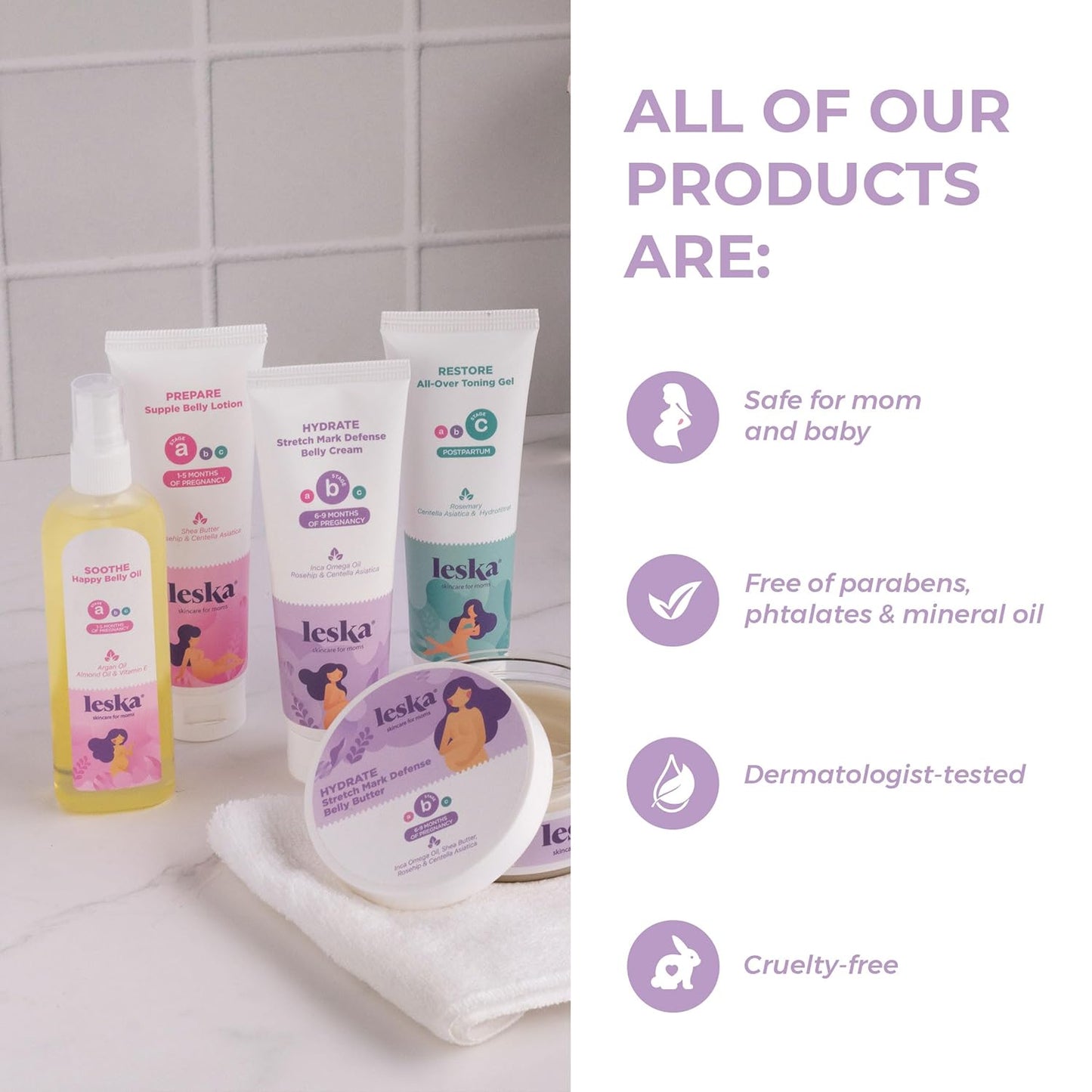 Leska Maternity Set | Belly Lotion, Belly Oil, Stretch Mark Defense Cream & Belly Butter, Toning Gel | Maternity Stages Skin Care for Pregnancy & Postpartum |New Mom Gifts (Set of 5, 4-4.93oz each)