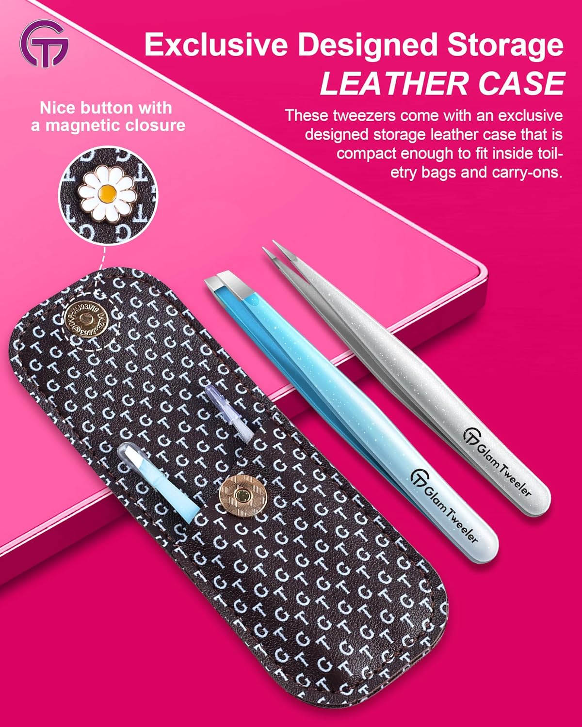 Expert Slant and Point Tip Tweezer Set with Exclusive Storage & Carrying Case, GlamTweeler Sharp & Precision Tweezer Set for Eyebrows, Facial Hairs and Fine Hairs Removal (Sparkle Blue + Silver)