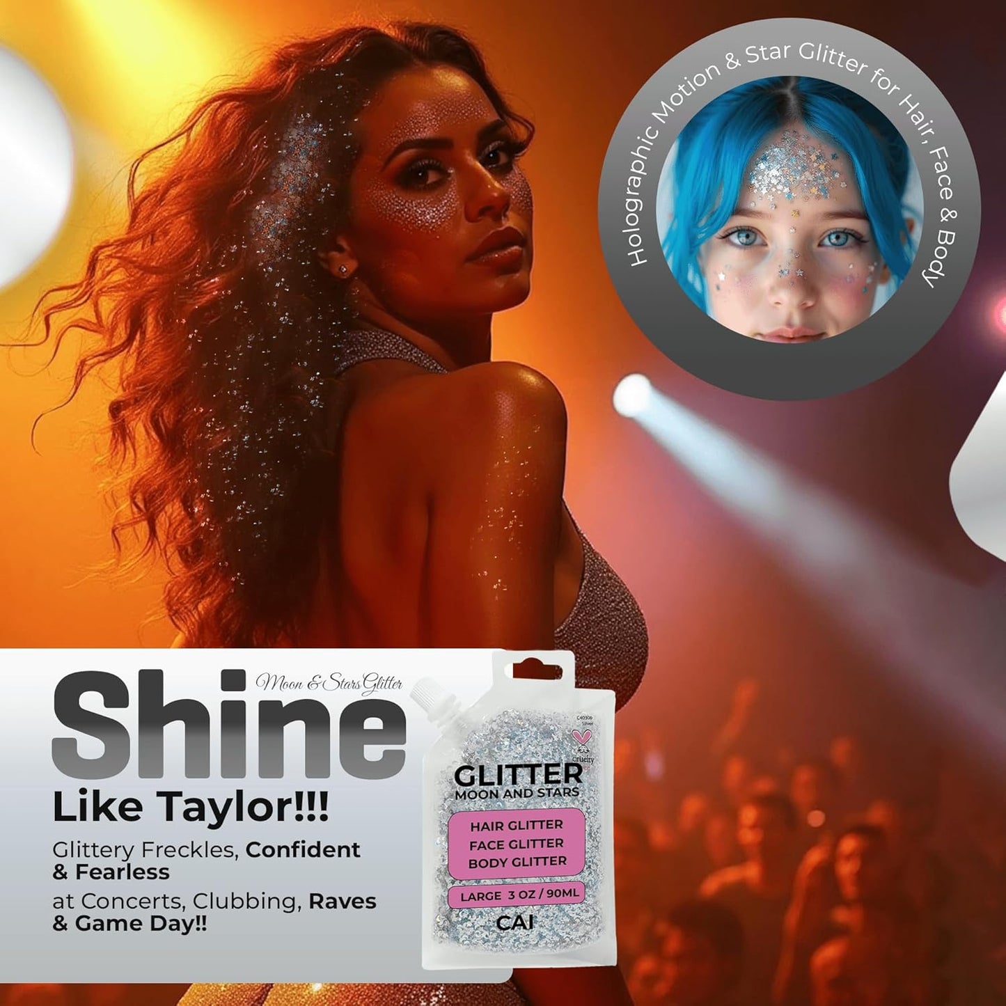 Face, Body & Hair Glitter Gel – Halloween Glitter for Kids and Women – 3 Oz Cosmetic-Grade Gel w/Moon & Stars for Festivals & Halloween Party, Easy Apply & Wash Off - Rose/Stardust Pink 2Pack