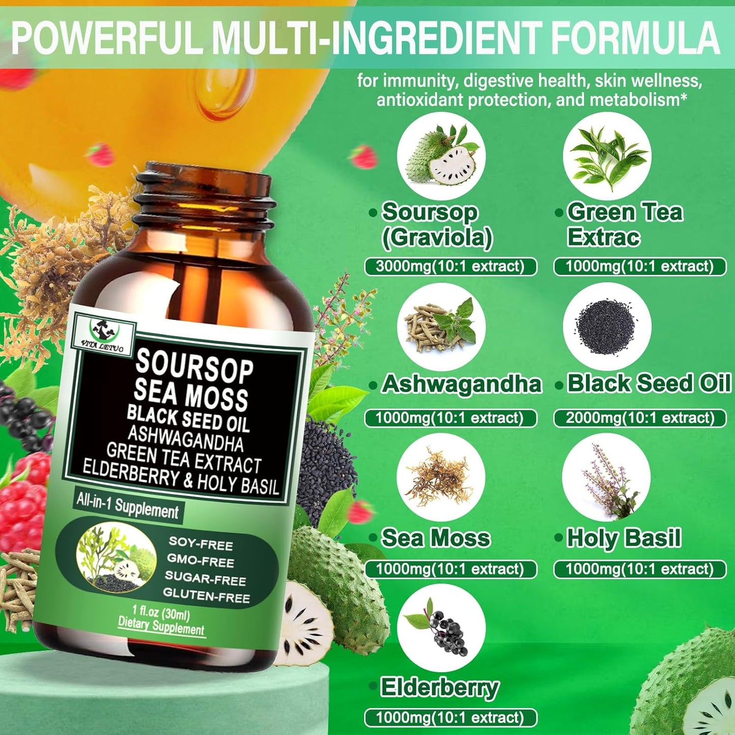 Soursop Drops,Soursop Bitters Liquid with Sea Moss Black Seed Oil Green Tea Extract Ashwagandha Elderberry Holy Basil-Multimineral&Vitamins Superfood Drops for Immune&Digestive & Cell Support