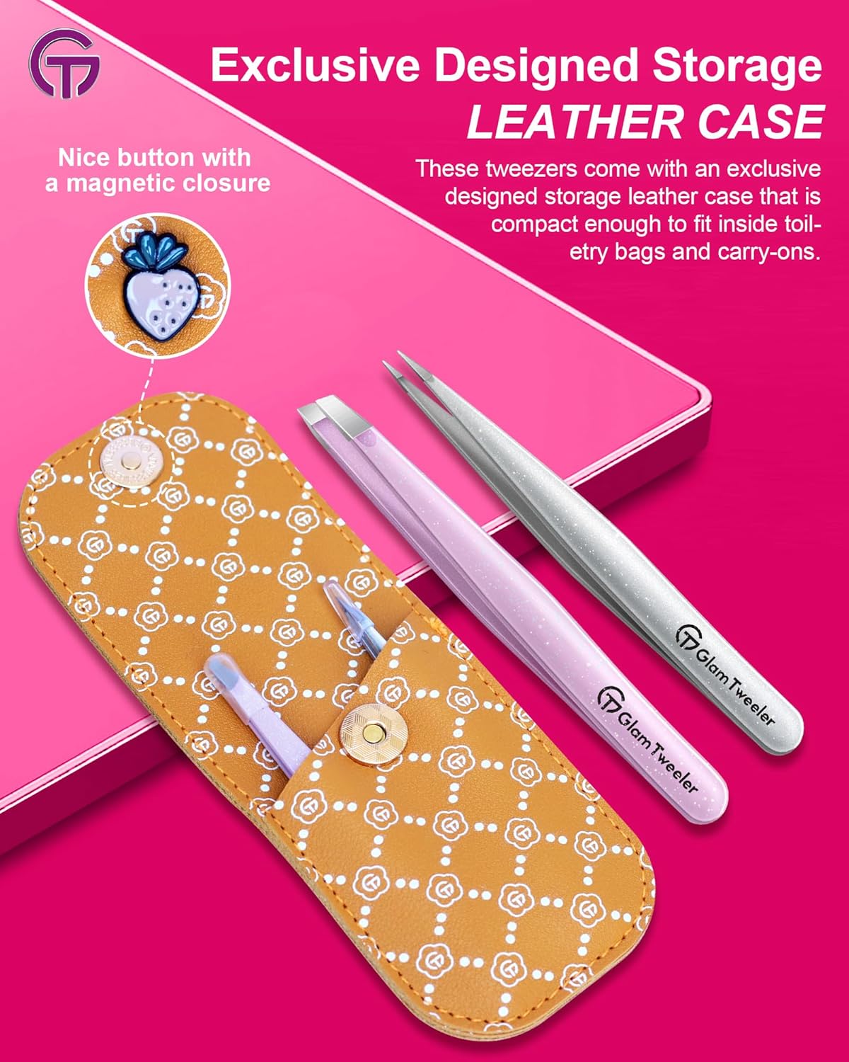 Expert Slant and Point Tip Tweezer Set with Exclusive Storage & Carrying Case, GlamTweeler Sharp & Precision Tweezer Set for Eyebrows, Facial Hairs & Fine Hairs Removal (Sparkle Baby Pink + Silver)