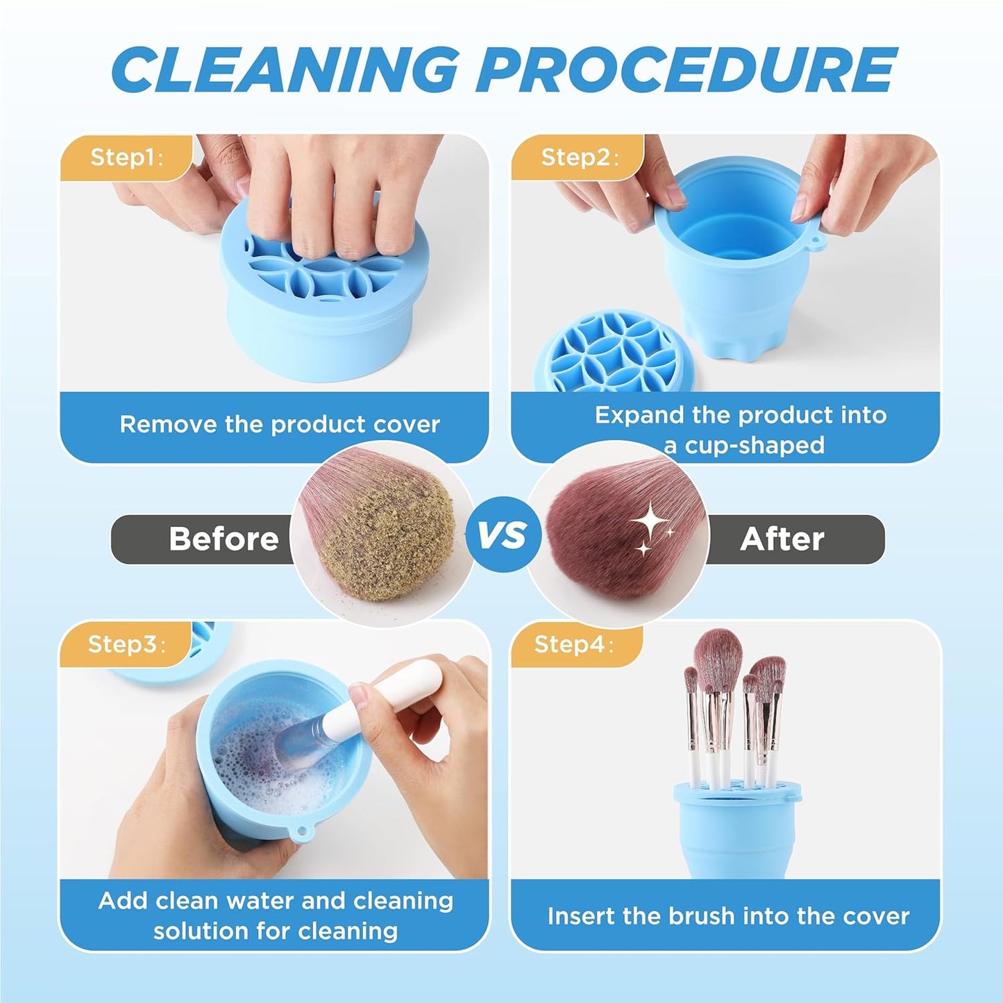 Makeup Brush Cleaner - Foldable Silicone Makeup Brush Cleaner Mat with Brush Storage Holder Makeup Brush Cleaning Bowl Cosmetic Brush Washing Tool for Cleaning Organizer and Drying (Blue)