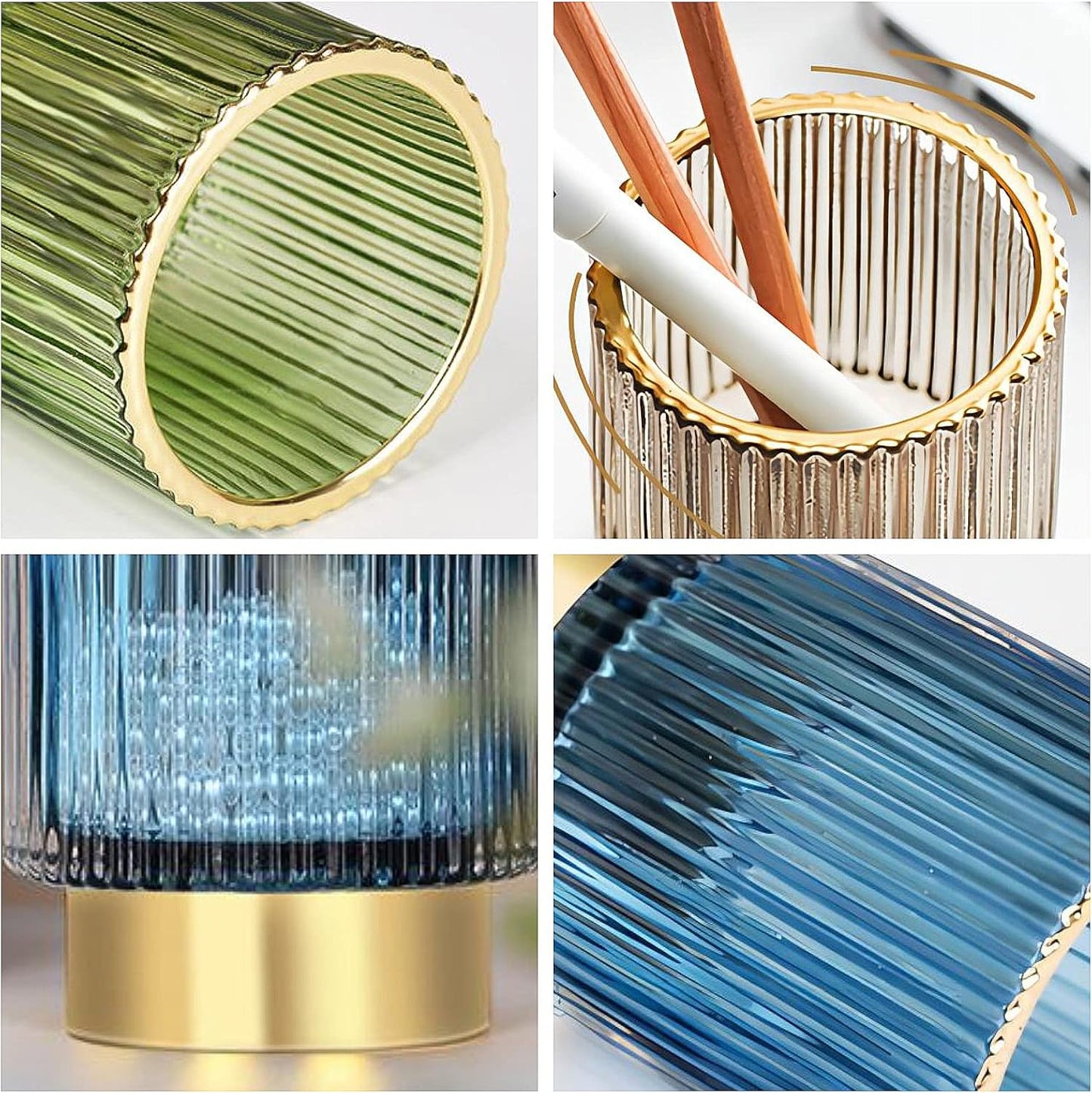 DASITON Makeup Brush holder Organizer,Crystal Cosmetic Makeup Brush Glass Brushes Storage Holder, Vintage Make Up Brush Cup Pen Pencil Holder striped vase(Blue L)