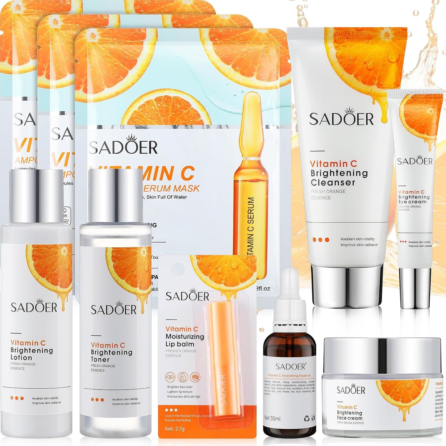 10 Pcs Skin Care Sets Face Care Set for Women Includes 1 Pcs Cleanser, Toner, Lotion, Eye Cream, Serum, Face Cream, Lip Balm and 3 Facial Masks Skincare Gift for Girls (Vitamin C)