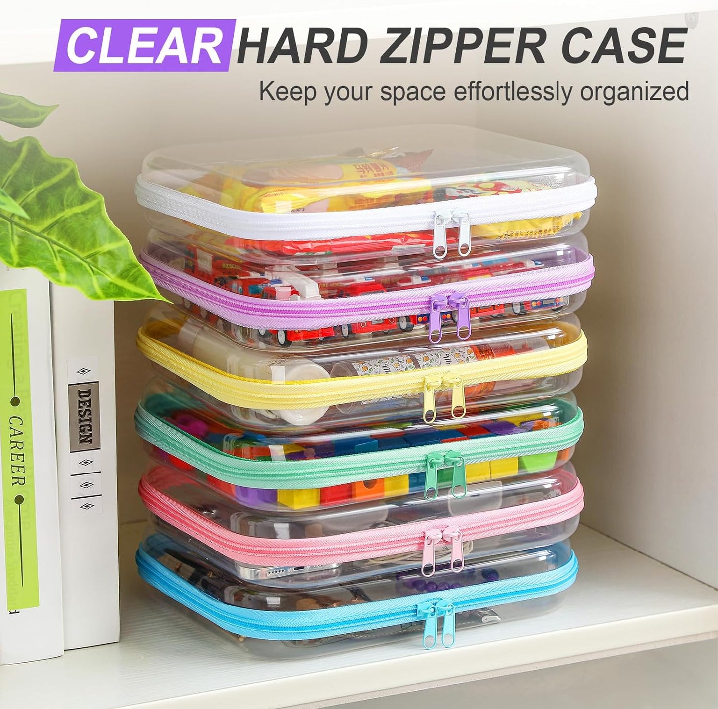 Sanwuta 6 Pcs Clear Hard Zipper Case Pencil Pouches Hard Plastic Zipper Pouches Makeup Bag Transparent Cases for Snacks Plastic Storage Organizer Box for Travel(Colorful,9.84 x 7.87 x 2 Inch)