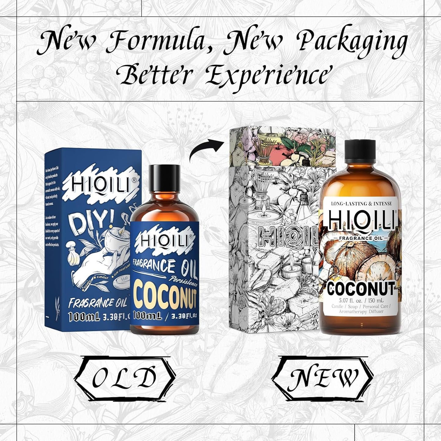 HIQILI Coconut Fragrance Oil for Home Diffuser, Ideal for Making Candle, Soap, Body Spray, Women's Perfume, Creamy Scents - 5.07 Fl Oz