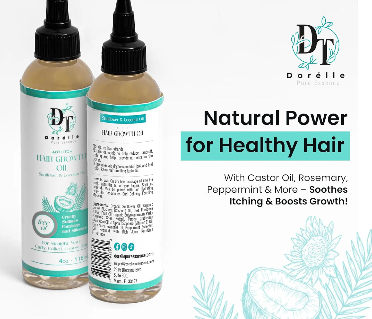 Hair Growth Oil for Curly, Coarse & Afro Hair – Sulfate Free Scalp for Hair Growth – Oil with Coconut, Rosemary & Peppermint – Kumquat Scented