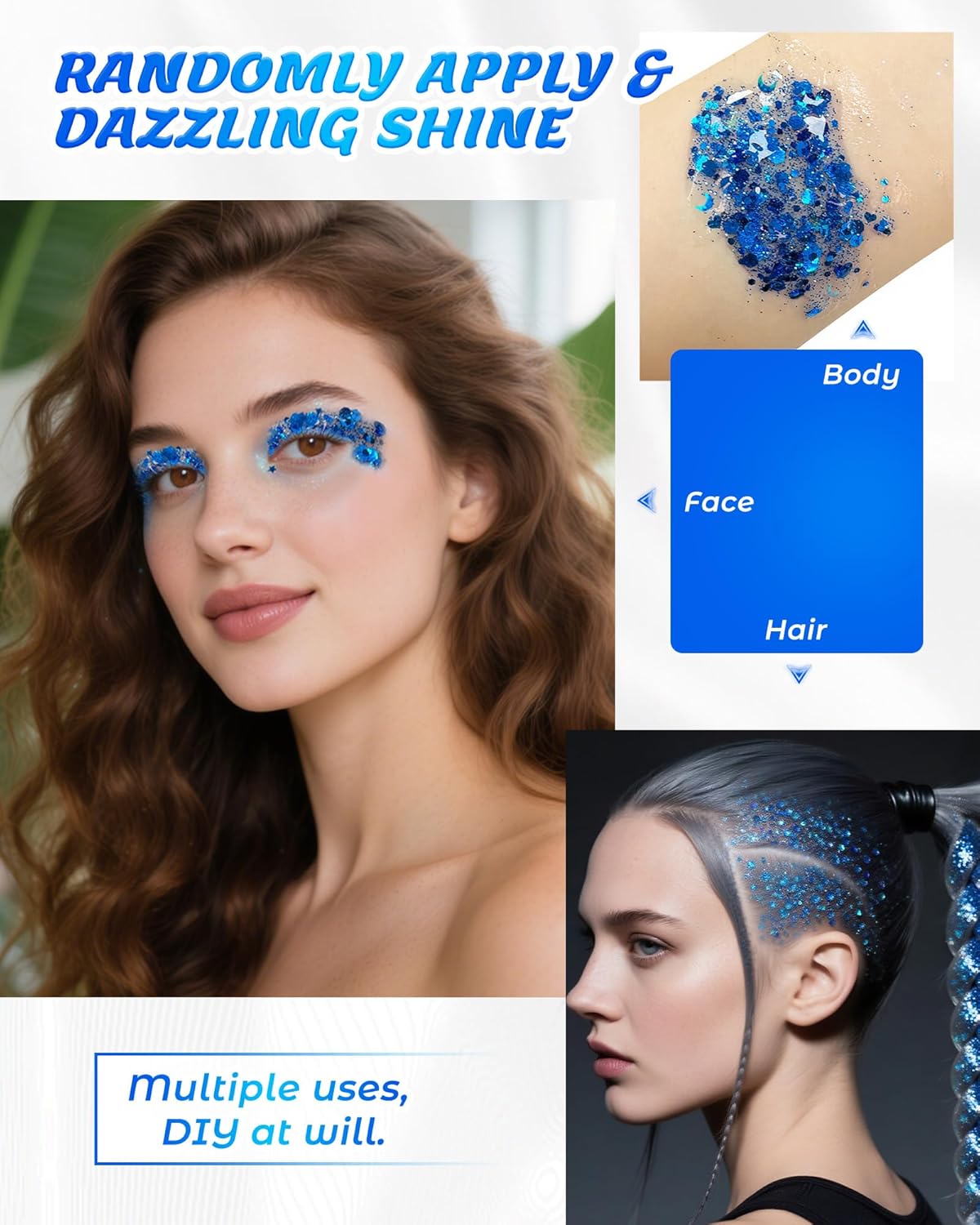 6PCS Blue Face Body Glitter Gel，Holographic Chunky Sequins Body Glitter Paint for Party Singer Concerts Music Festival Rave Accessories for Girls Women Face Body DIY Sparkling Makeup