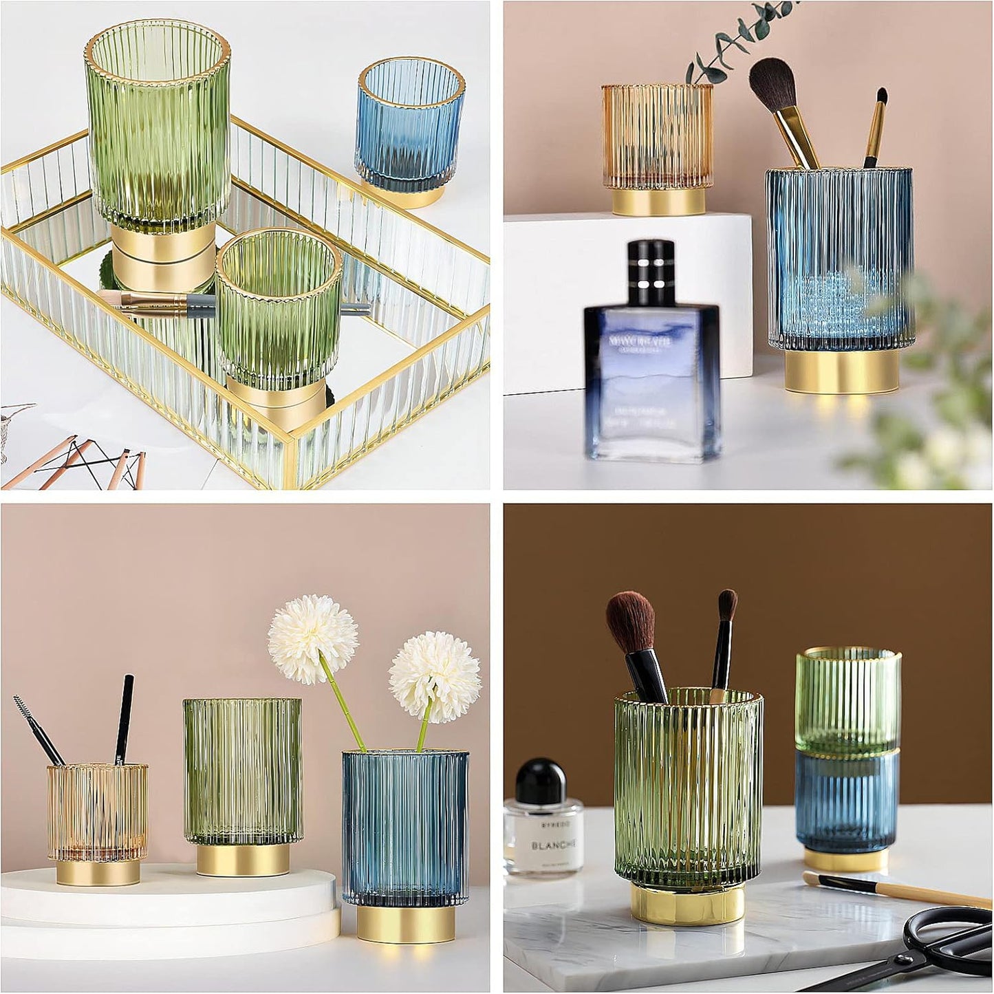 DASITON Makeup Brush holder Organizer,Crystal Cosmetic Makeup Brush Glass Brushes Storage Holder, Vintage Make Up Brush Cup Pen Pencil Holder striped vase(Green S)
