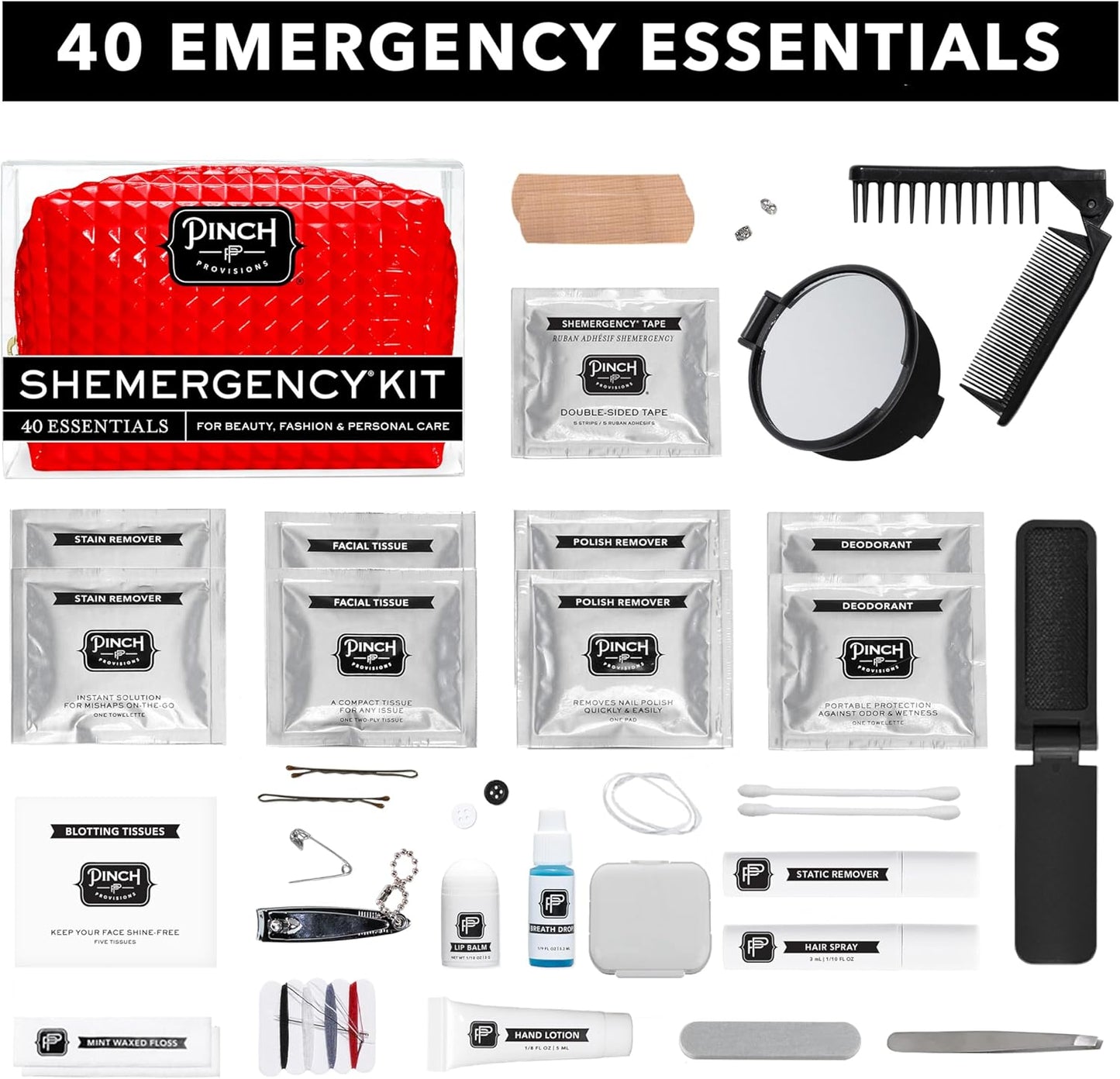 Pinch Provisions Shemergency Kit for Her, 40 Emergency Essential Items, Compact, Multi-Functional Pouch, Gift for Women, Birthday, Bachelorette Parties, and More!