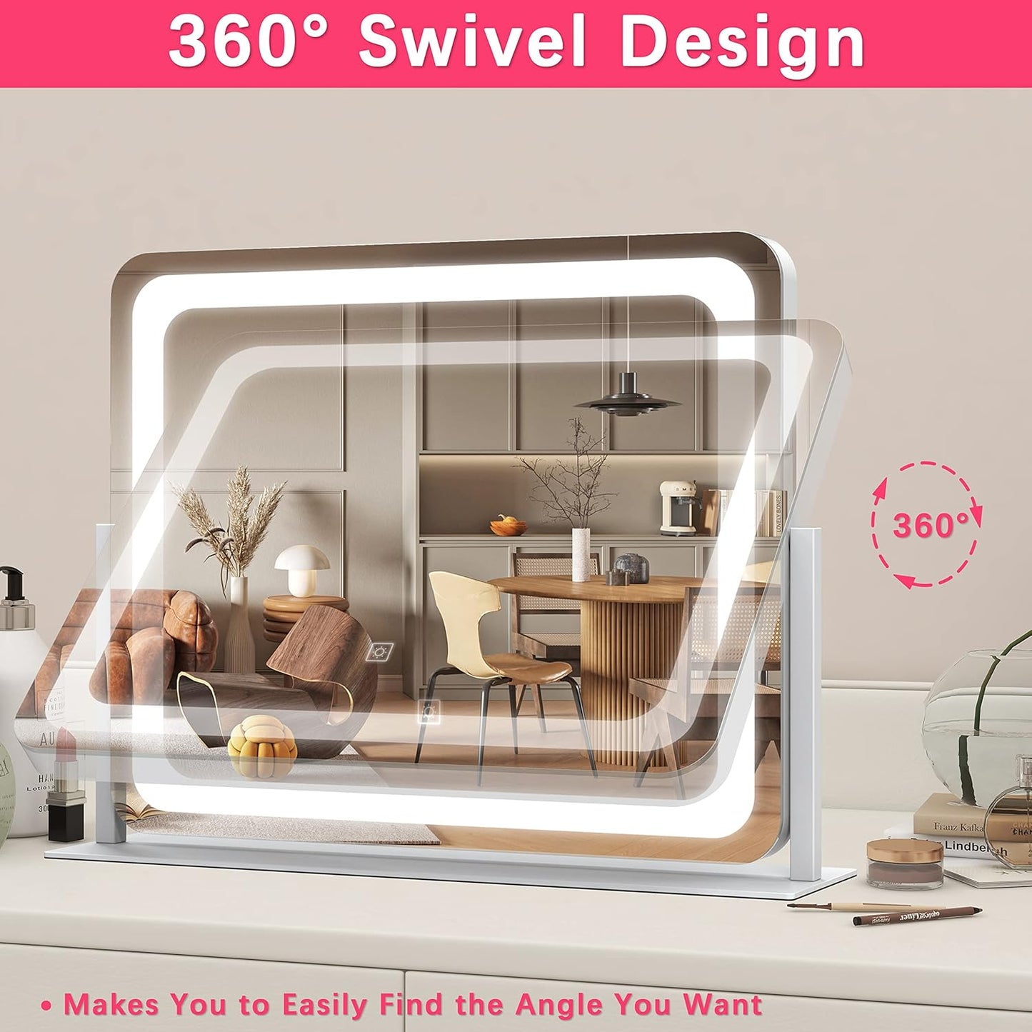 22x17 Inch Lighted Vanity Mirror with Dimmable LED Lights - 3 Color Modes, Smart Touch Control & 360° Rotating Base - Desk Makeup Mirror (White)