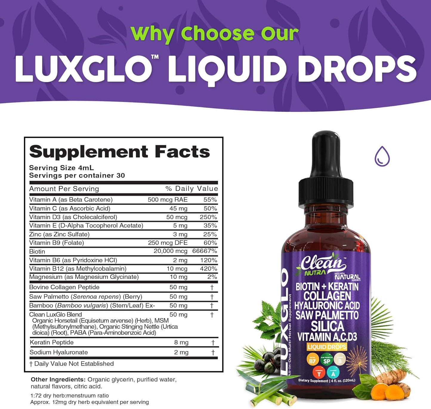 Biotin Liquid Drops Collagen Keratin Hyaluronic Acid Saw Palmetto for Hair Skin and Nails Silica Vitamin A C Vitamin D Bamboo Turmeric Zinc Folate Magnesium Horsetail LuxGlo by Clean Nutra