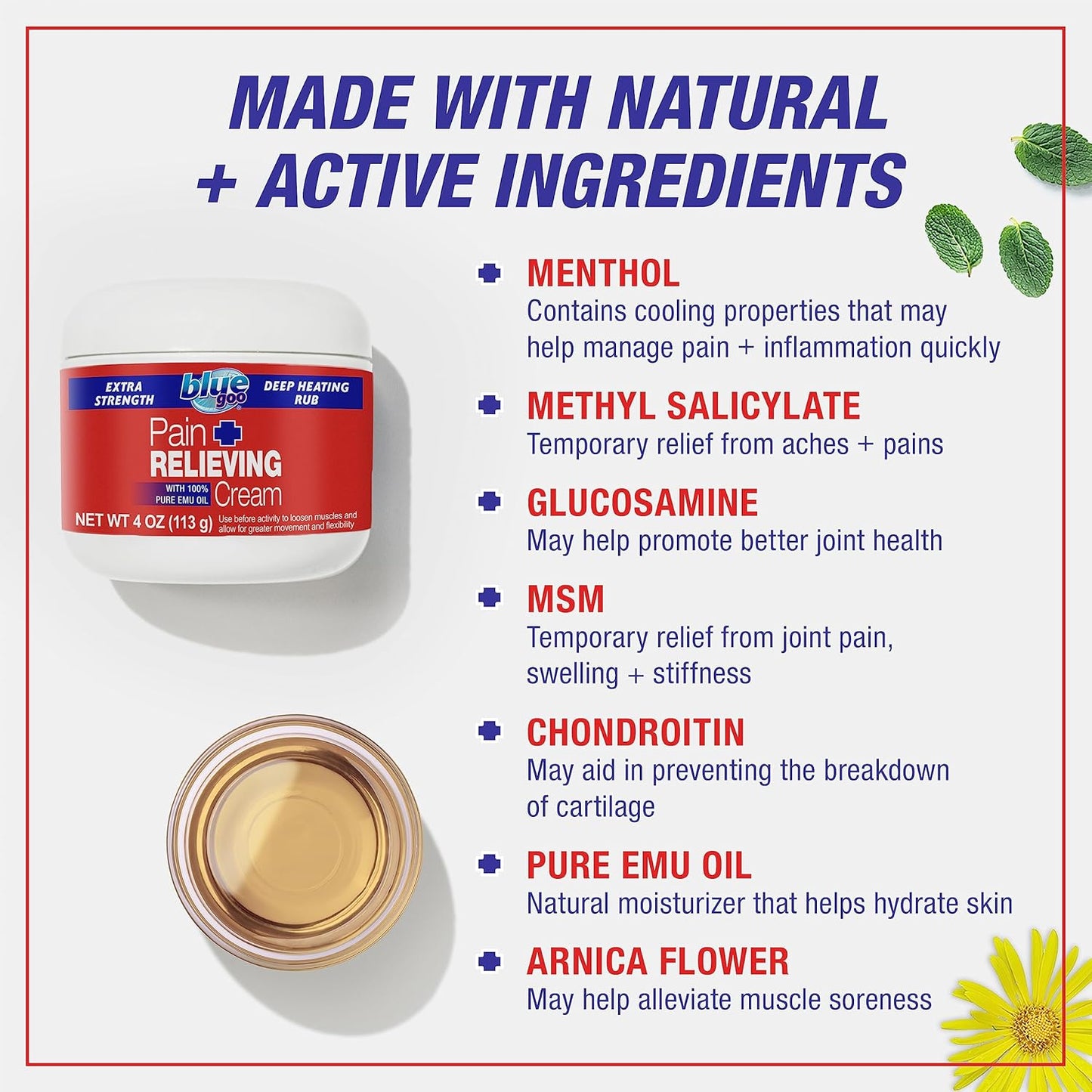 Blue Goo Pain Relieving Cream – Relief for Back/Neck Pain, Sports-Related Muscle/Joint, Sprains/Strains, Deep Heating Rub, Made w/ 100% Pure Emu Oil, 4 oz (1 Pack)