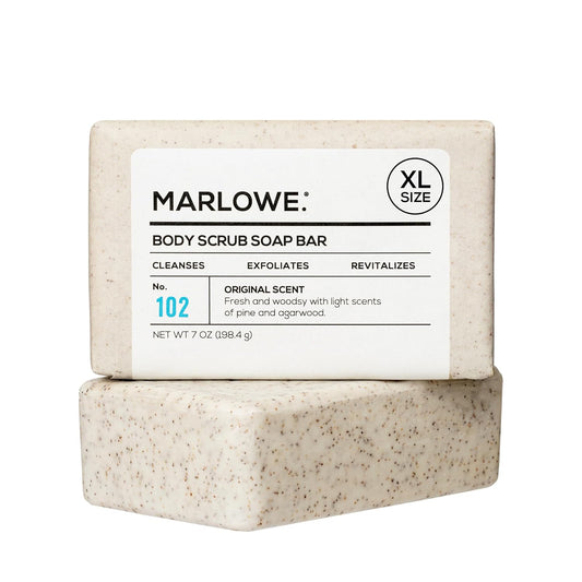 MARLOWE. No. 102 Body Scrub Soap 7 oz, Exfoliating Soap Bar with Shea Butter, Olive Oil & Green Tea Extracts, Cleanses, Smooths & Revitalizes Skin, Original Sage & Fir Scent