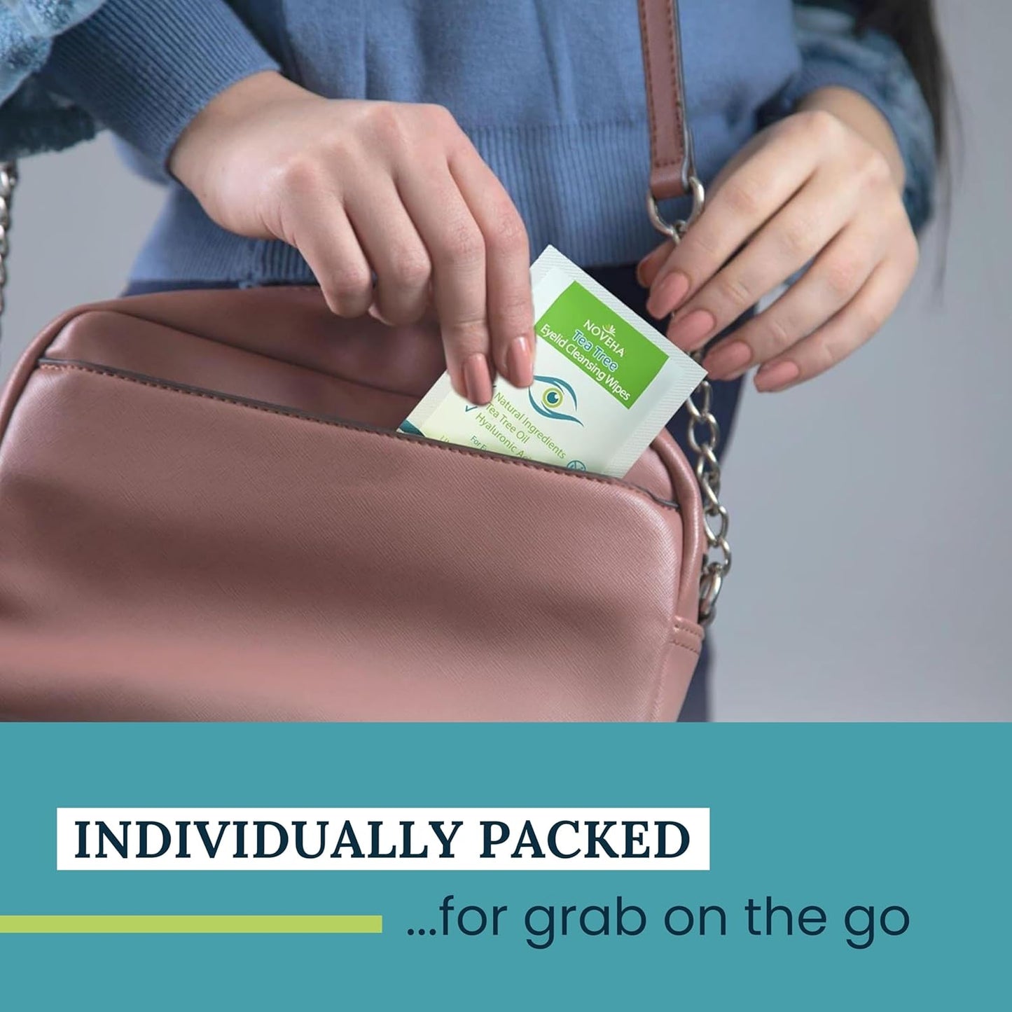 NOVEHA Tea Tree Oil Eyelid & Lash Wipes With Hyaluronic Acid, Green Tea & Chamomile For Blepharitis & Itchy Eyes, Individually Wrapped Eyelash Wipes Natural Makeup Remover & Daily Cleanser (Pack of 3)