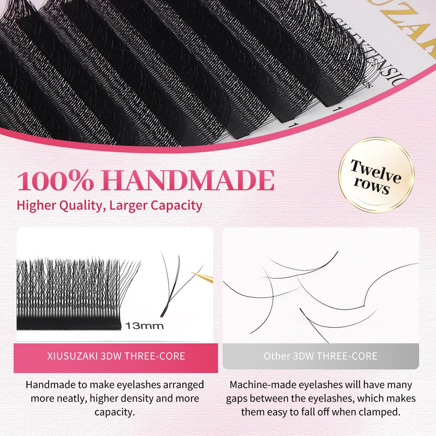 Lash Extensions Three Core Tips 3D Eyelash Extensions W Shape 0.07mm Thickness C Curl 11mm Premade Fans Easy Fan Volume Lashes Matte Black Crisscross(W-3D-Three Core-0.07-C,11mm)
