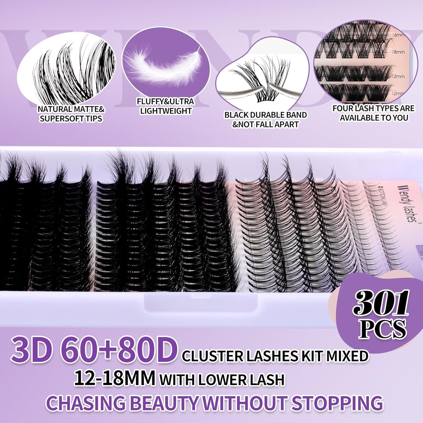 Lash Clusters Kit With Bottom Lashes 3D Curl 60/80/100/200D DIY Lash Extension Kit 12-18mm Multi-types Individual Lashes Bond and Seal, Spike, Volume Lashes Kit Lash Applicator(60/80 3DKit)
