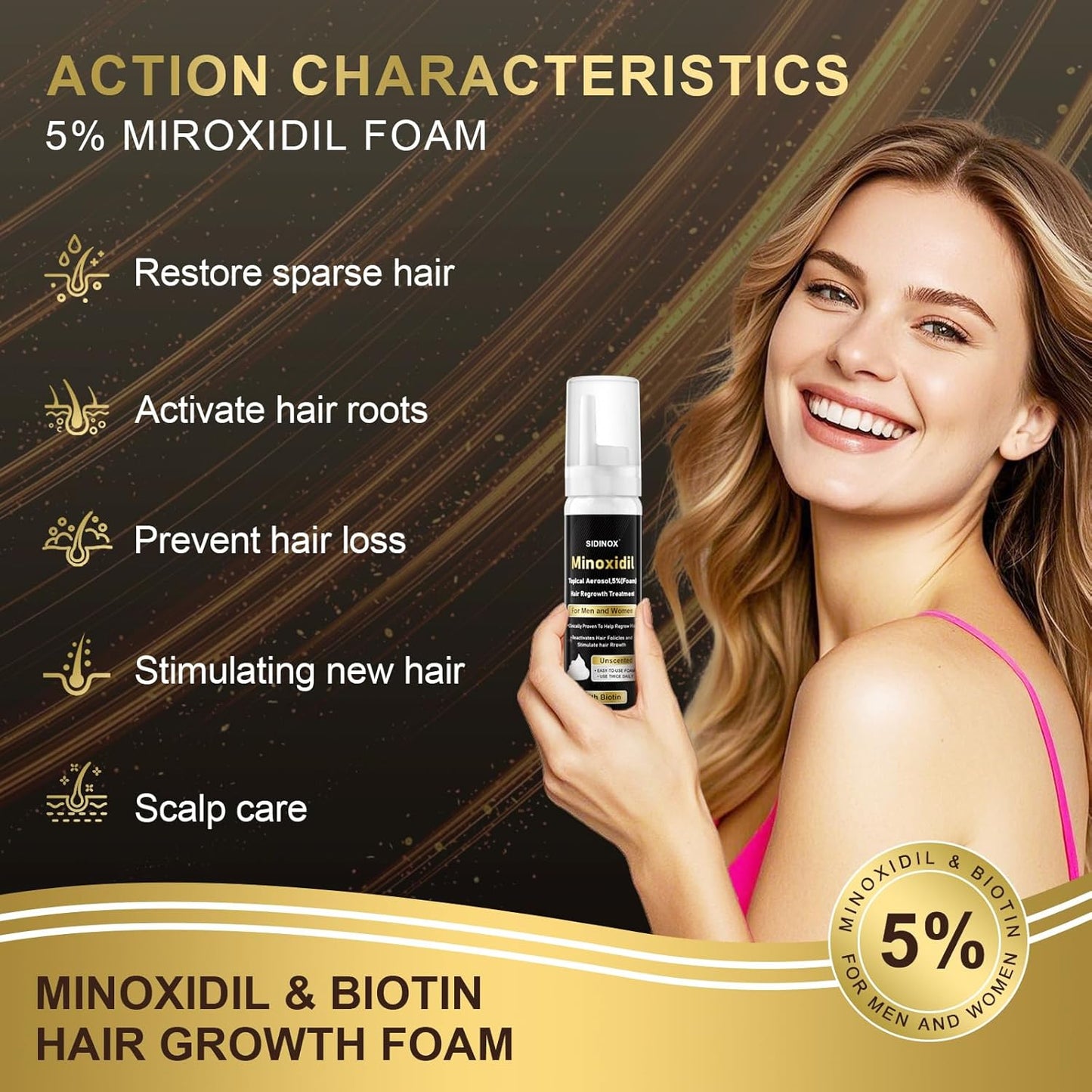 5% Minoxidil Foam for Men & Women - Hair Growth Treatment with Biotin, Non-Greasy Fast Absorbing Foam for Thinning Hair, Regrow Fuller Thicker Hair & Beard, 3 Month Supply (3 x 2.12 oz)