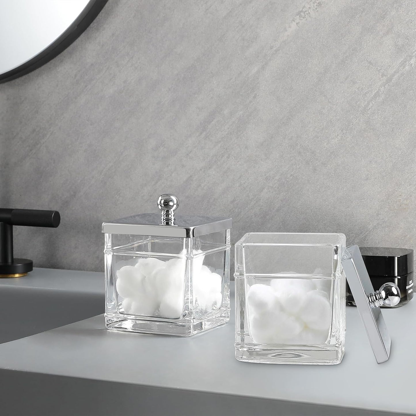 Glass Cotton Jar Holder 2 Pack– Silver/Chrome Lid, Elegant Bathroom Storage Canister for Qtips, Cotton Balls, Floss, Makeup Organizer, Vanity & Bathroom Organization