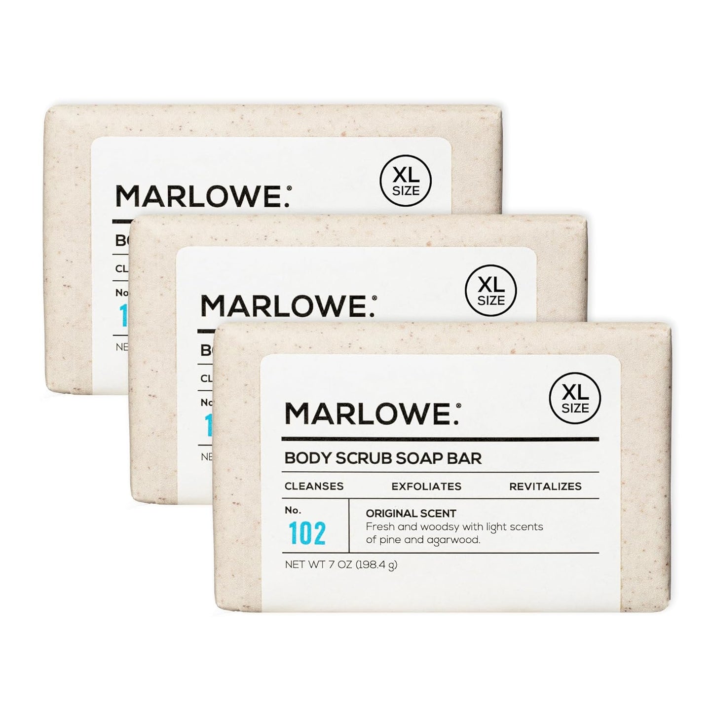 MARLOWE. No. 102 Body Scrub Soap 7 oz (3 Bars), Exfoliating Soap Bar with Shea Butter, Olive Oil & Green Tea Extracts, Cleanses, Smooths & Revitalizes Skin, Original Sage & Fir Scent