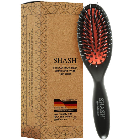 SHASH Since 1869 Hand Made In Germany - Nylon Boar Bristle Brush Suitable For Normal to Thick Hair Gently Detangles, No Pulling or Split Ends - Softens Improves Hair Texture, Stimulates (Extra Small)