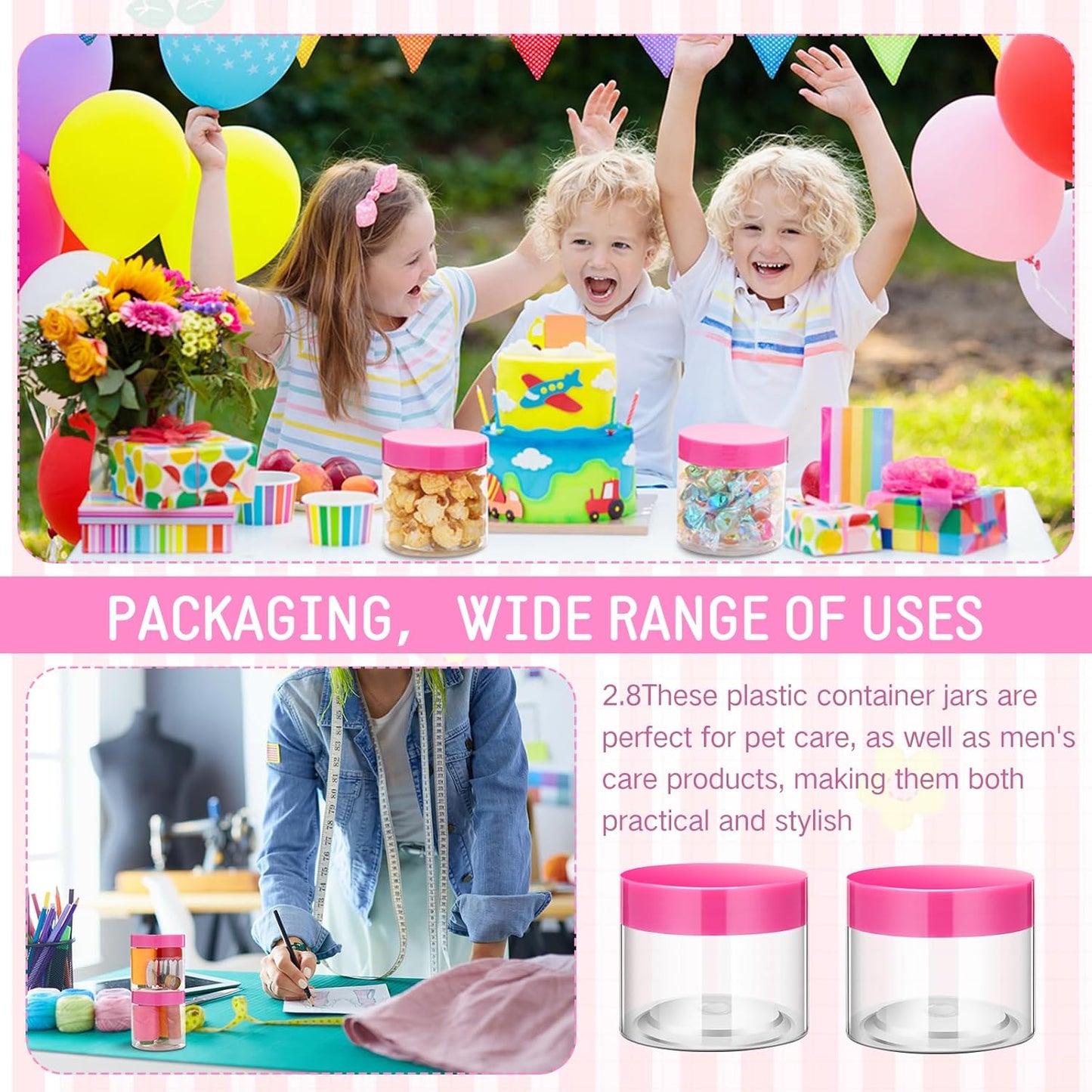 SATINIOR 100 Pcs Plastic Jars with Lids Small Containers Lids Wide Mouth Small Plastic Containers for Lotion Cream Rhinestones Body Butters Travel Storage(6 oz, Pink)