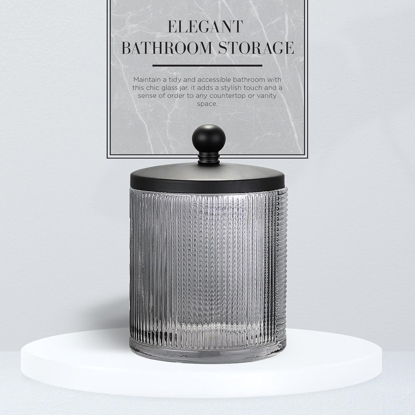 Glass Jar with Metal Lid for Bathroom Organization, Clear Apothecary Jar for Cotton Balls, Q Tips, and Small Accessories, Stylish Bathroom Storage Container Grey, Black